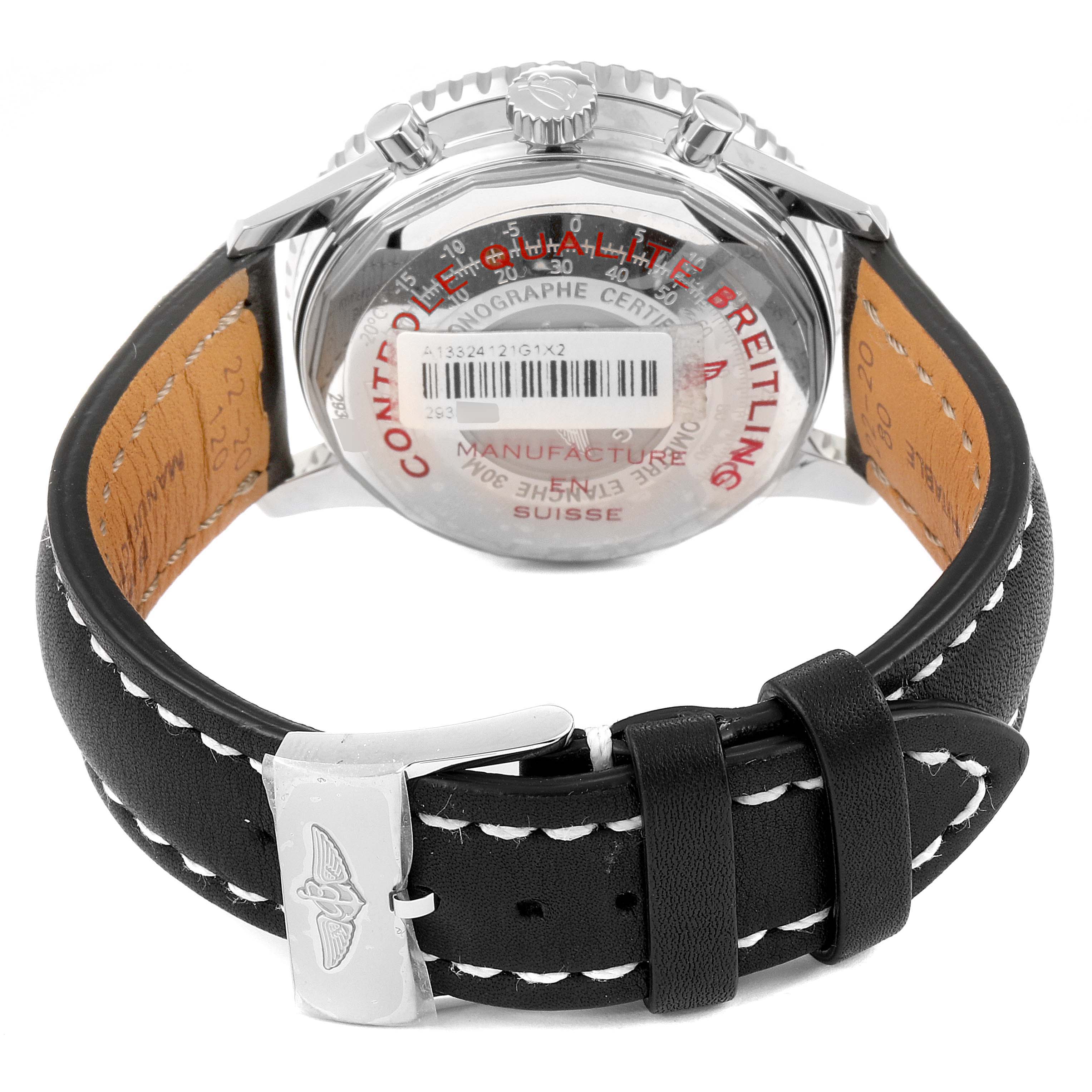 The image shows the back view of a Breitling Navitimer A13324 Men's Stainless Steel White Dial A13324 Men's Stainless Steel White Dial watch, highlighting its leather strap and case back details.