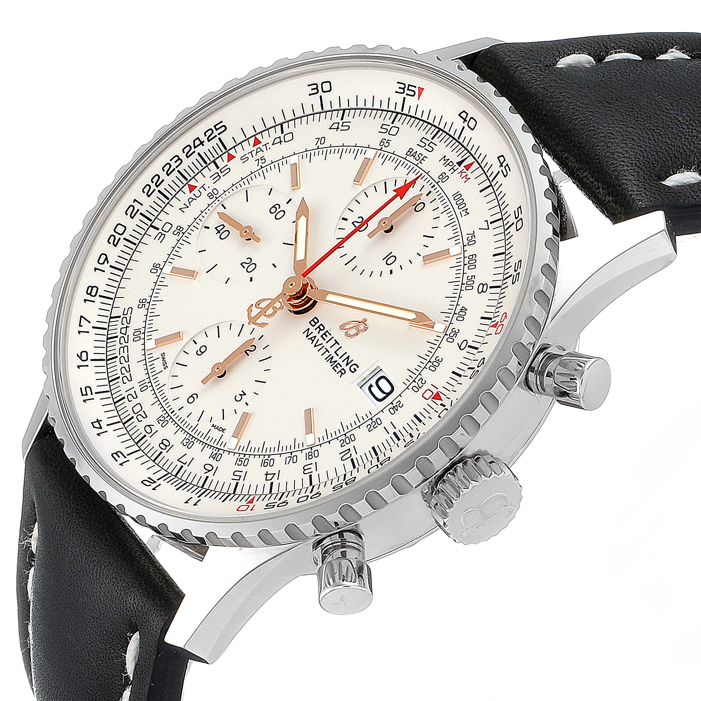 The image shows a Breitling Navitimer A13324 Men's Stainless Steel White Dial A13324 Men's Stainless Steel White Dial watch at a side angle, highlighting the dial, bezel, crown, and pushers.