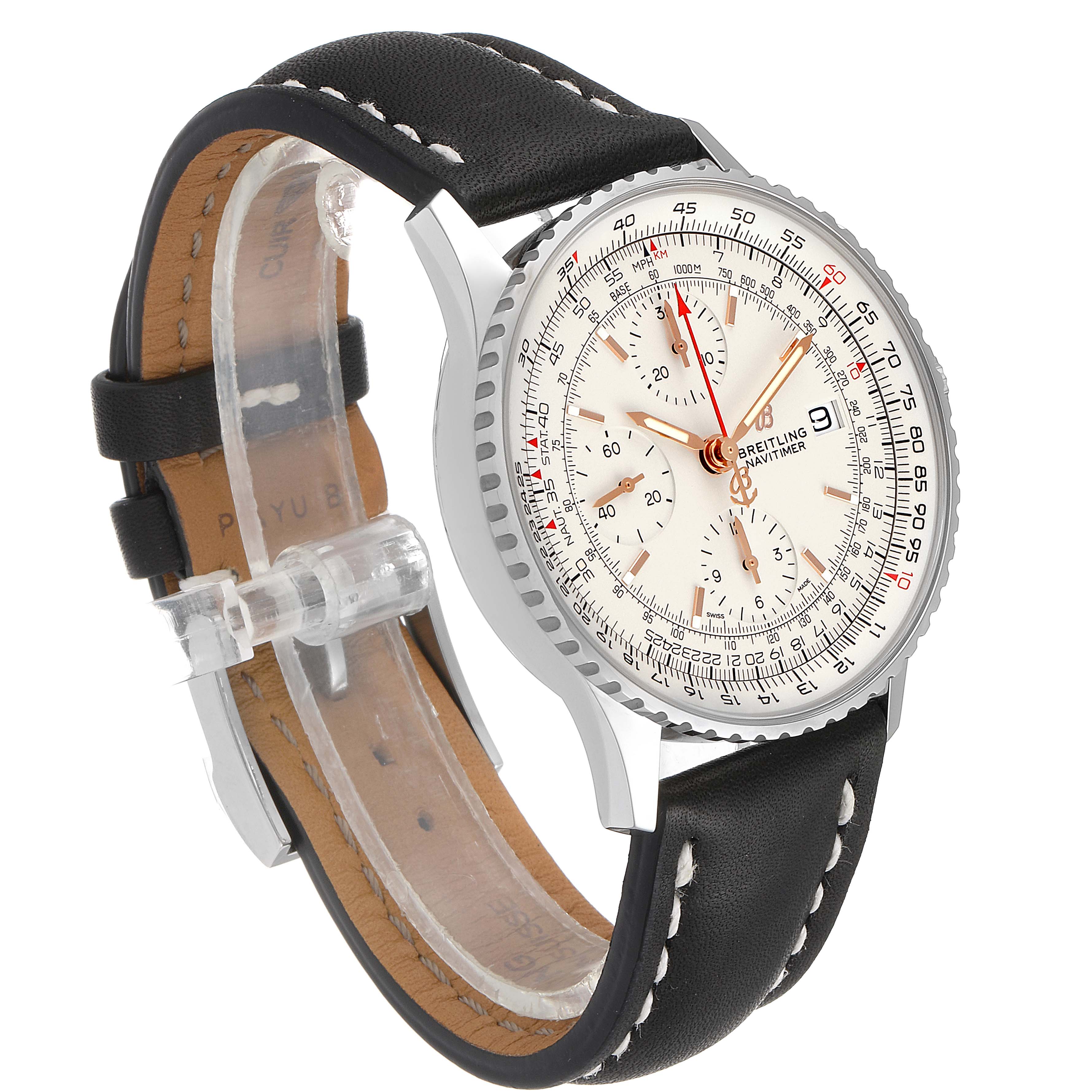 The image shows a Breitling Navitimer A13324 Men's Stainless Steel White Dial A13324 Men's Stainless Steel White Dial watch angled from the front-left, highlighting its dial, bezel, case, and leather strap.