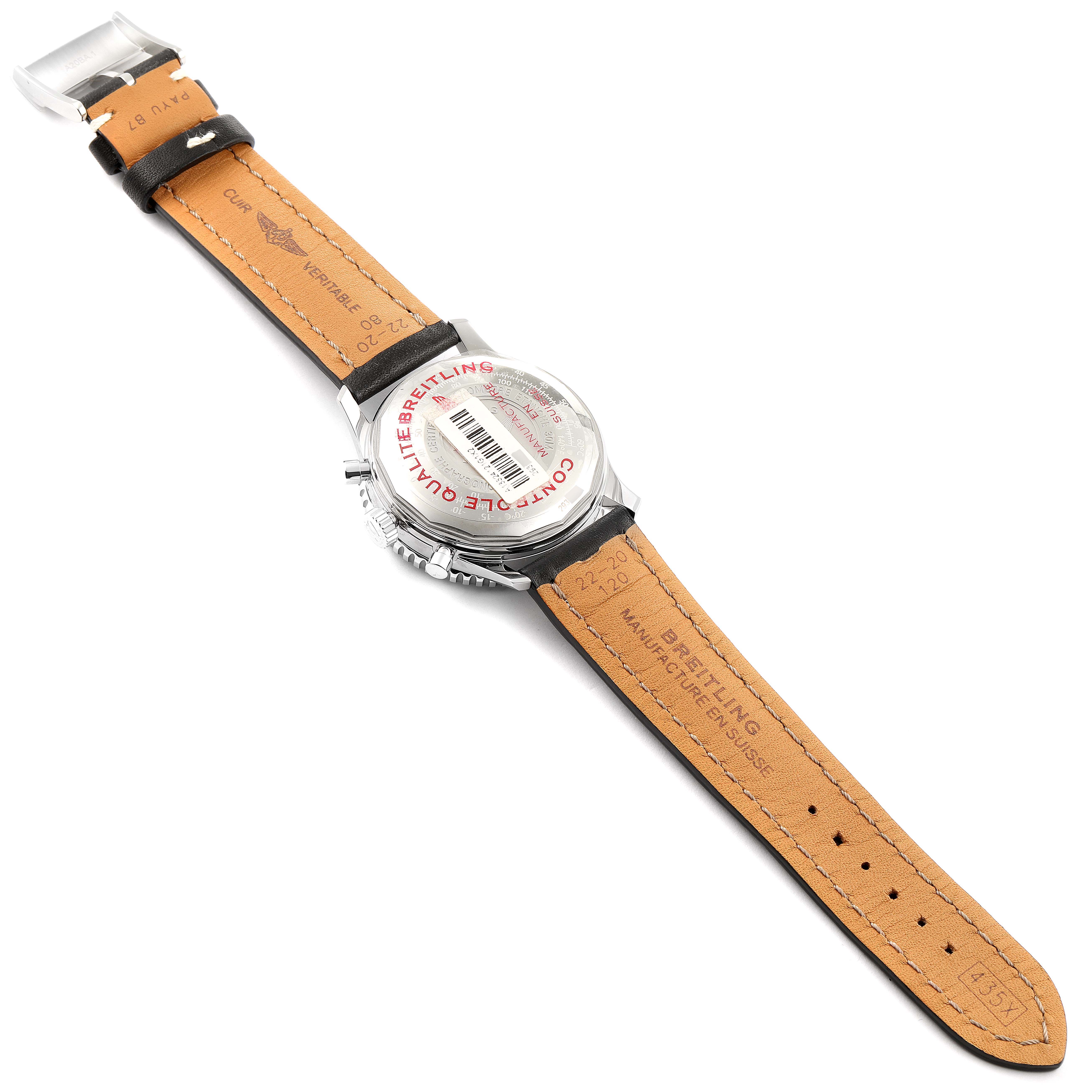 The image shows the back view of a Breitling Navitimer A13324 Men's Stainless Steel White Dial A13324 Men's Stainless Steel White Dial watch, including the leather strap and case back.