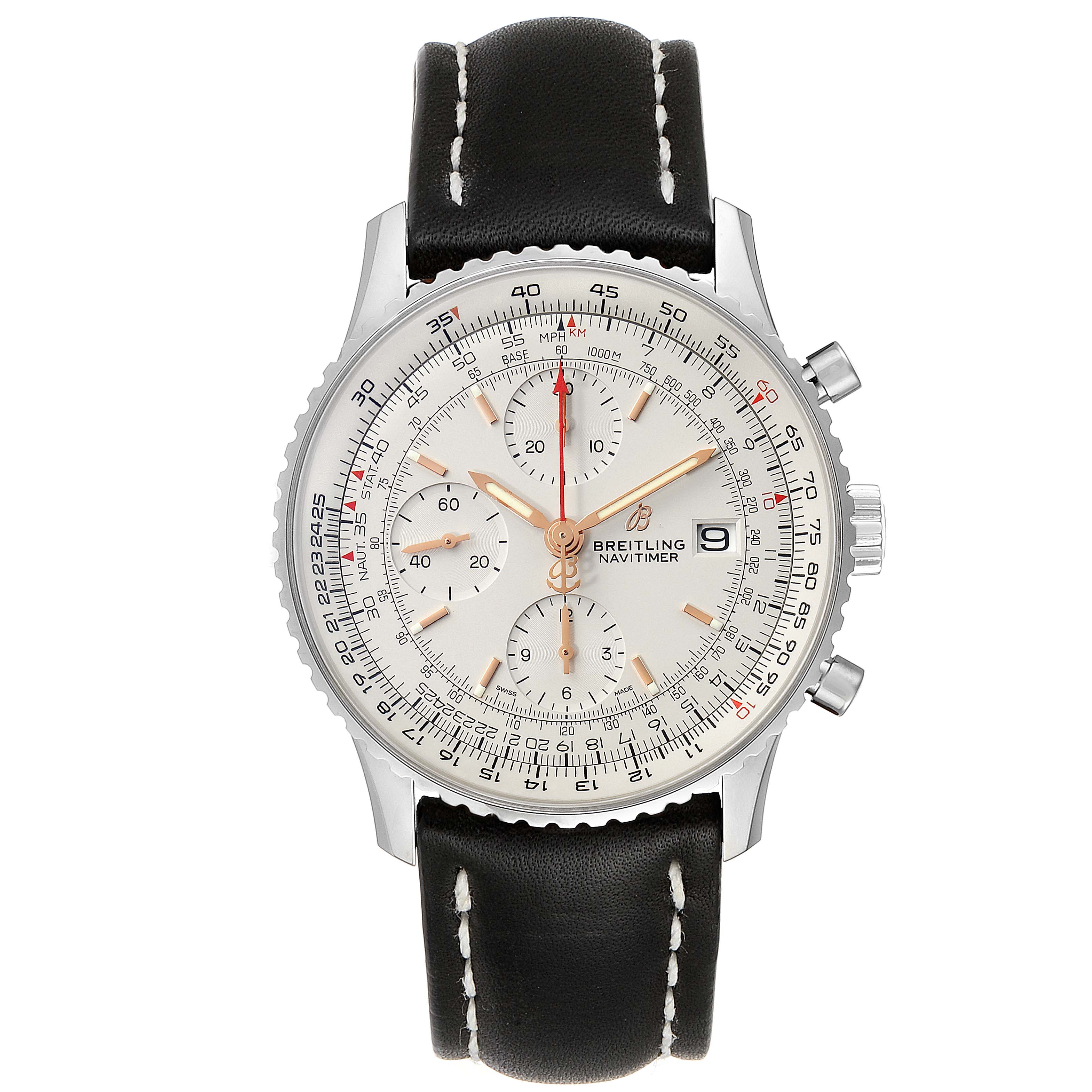 The image shows a front view of the Breitling Navitimer A13324 Men's Stainless Steel White Dial A13324 Men's Stainless Steel White Dial watch, featuring a black leather strap and a detailed dial with chronograph functions.