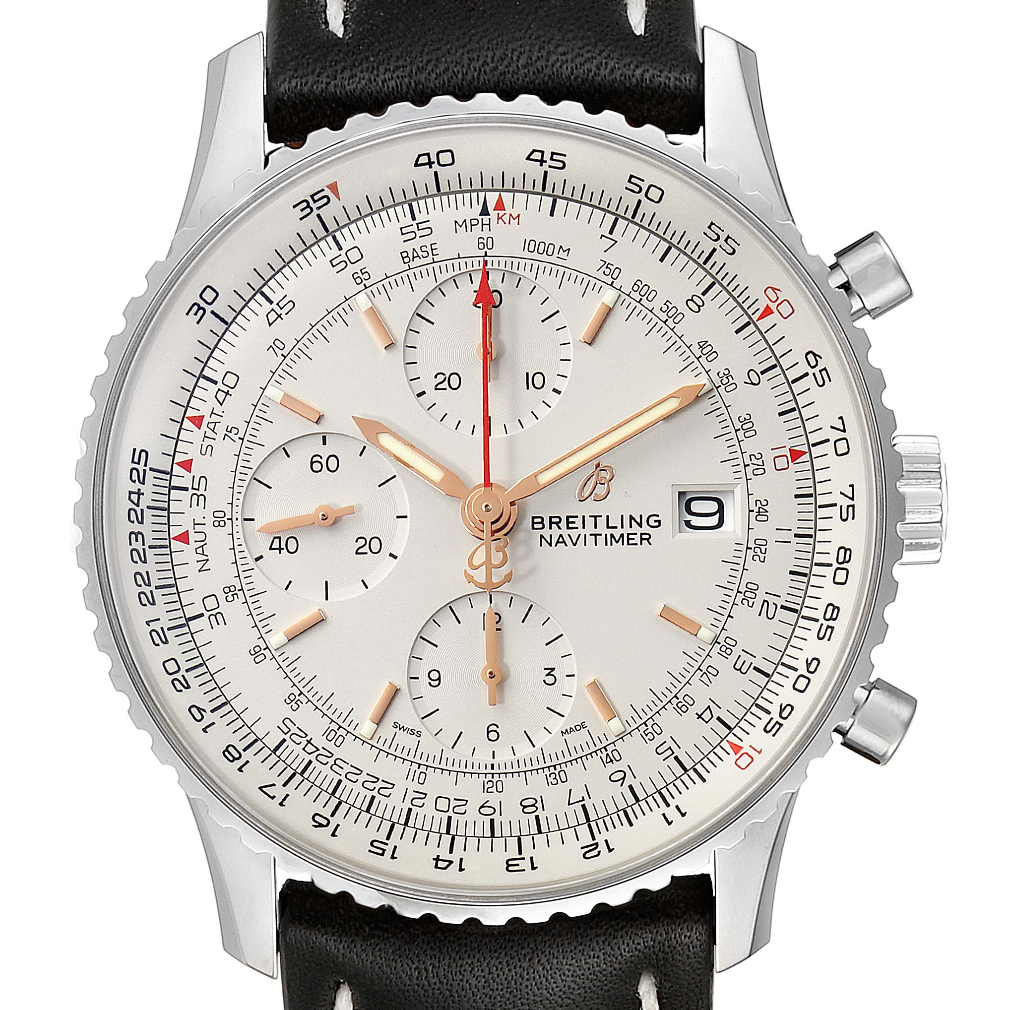 The image shows a front-facing view of a Breitling Navitimer A13324 Men's Stainless Steel White Dial A13324 Men's Stainless Steel White Dial watch, highlighting its dial, subdials, bezel, and chronograph pushers.
