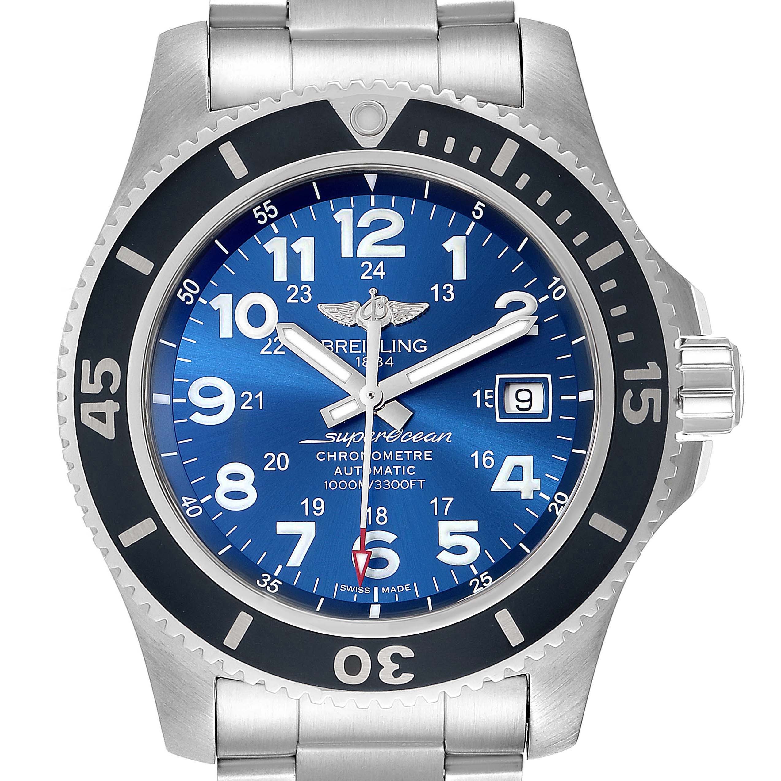 The image shows a front view of a Breitling Superocean A17392 Men's Stainless Steel Blue Dial A17392 Men's Stainless Steel Blue Dial watch, displaying its face, bezel, and part of the metal bracelet.