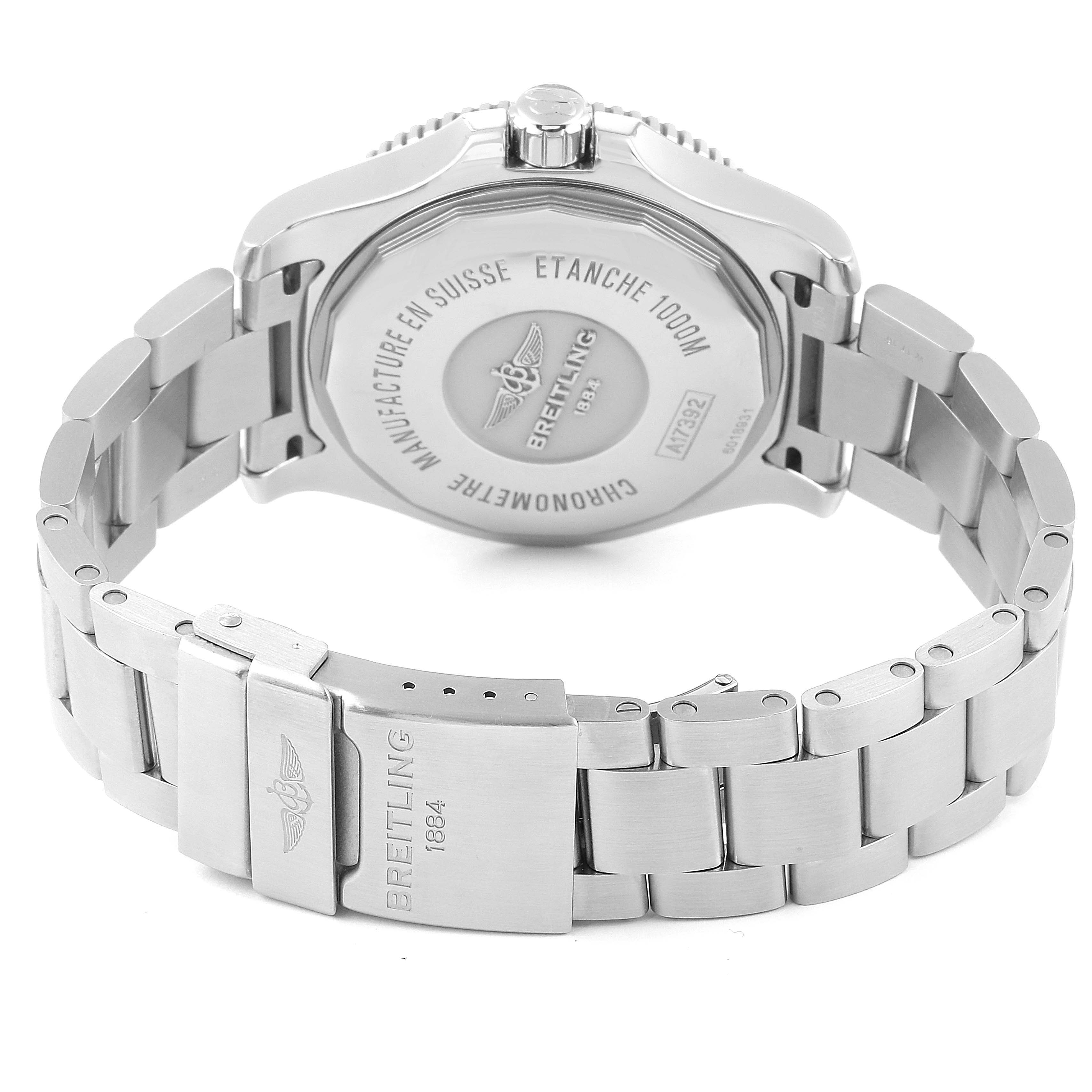 The image shows the back view of a Breitling Superocean A17392 Men's Stainless Steel Blue Dial A17392 Men's Stainless Steel Blue Dial watch, highlighting the case back, crown, and metal bracelet with a clasp.