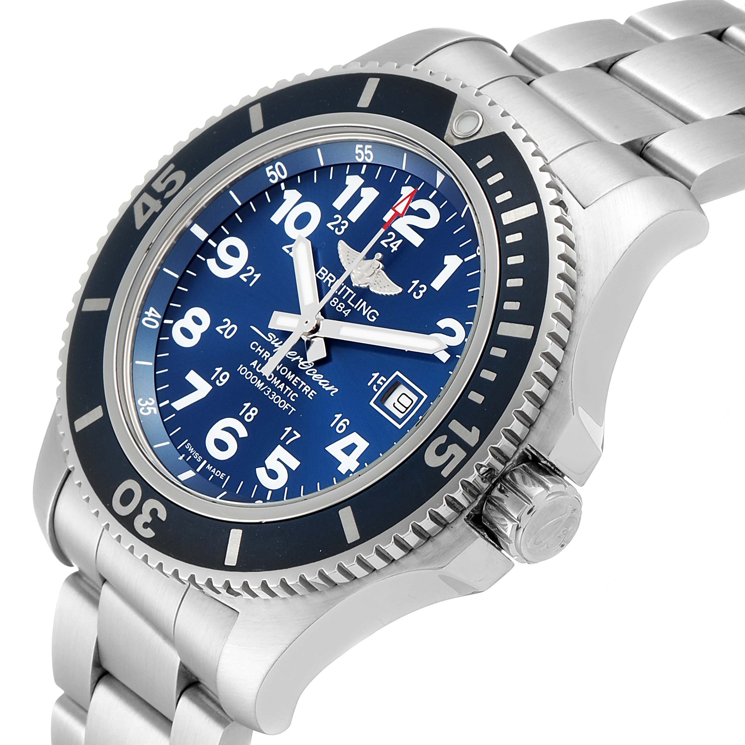 This Breitling Superocean A17392 Men's Stainless Steel Blue Dial A17392 Men's Stainless Steel Blue Dial watch is shown from an oblique front angle, displaying the dial, bezel, crown, and part of the bracelet.