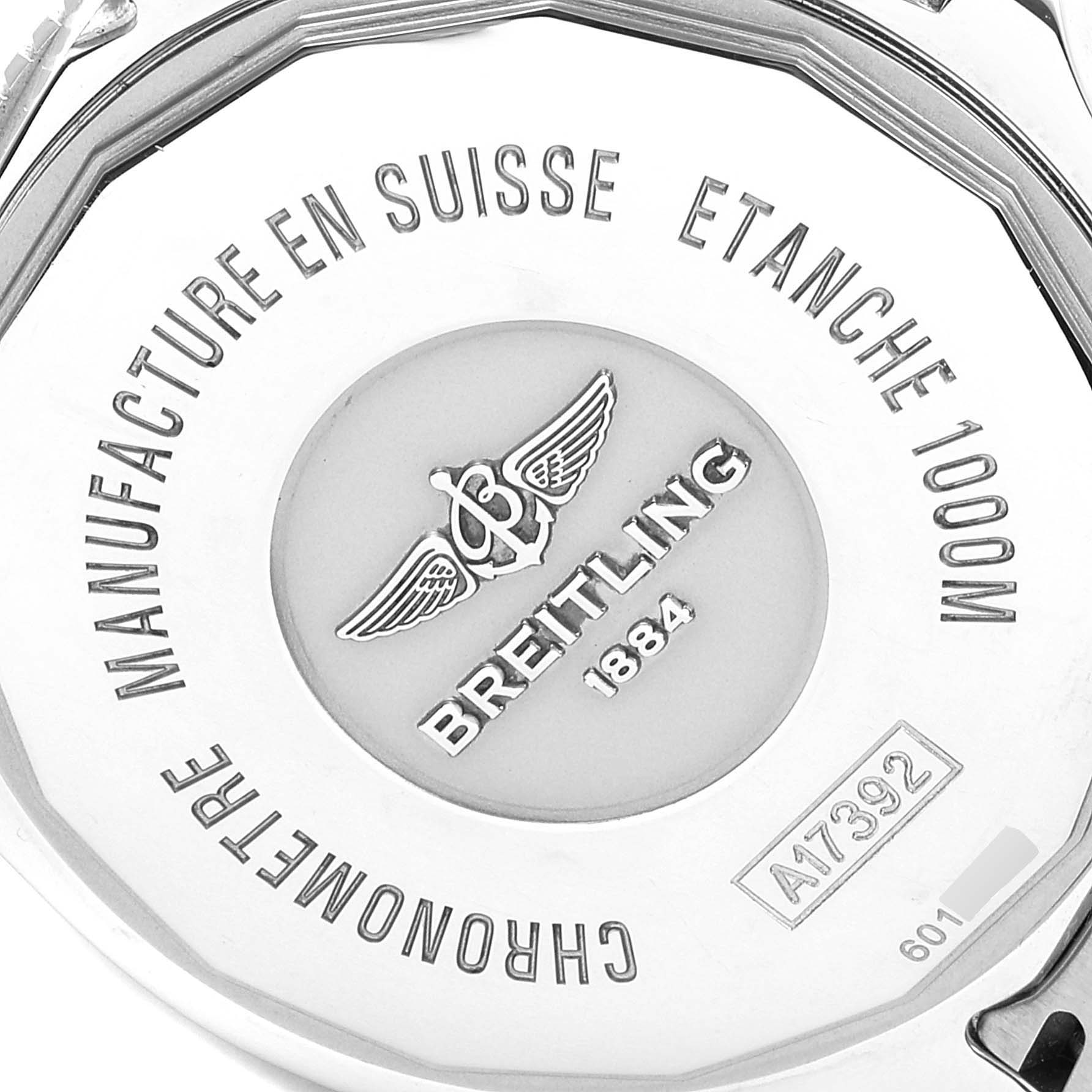 The image shows the back case of a Breitling Superocean A17392 Men's Stainless Steel Blue Dial A17392 Men's Stainless Steel Blue Dial watch, highlighting inscriptions and the Breitling logo.