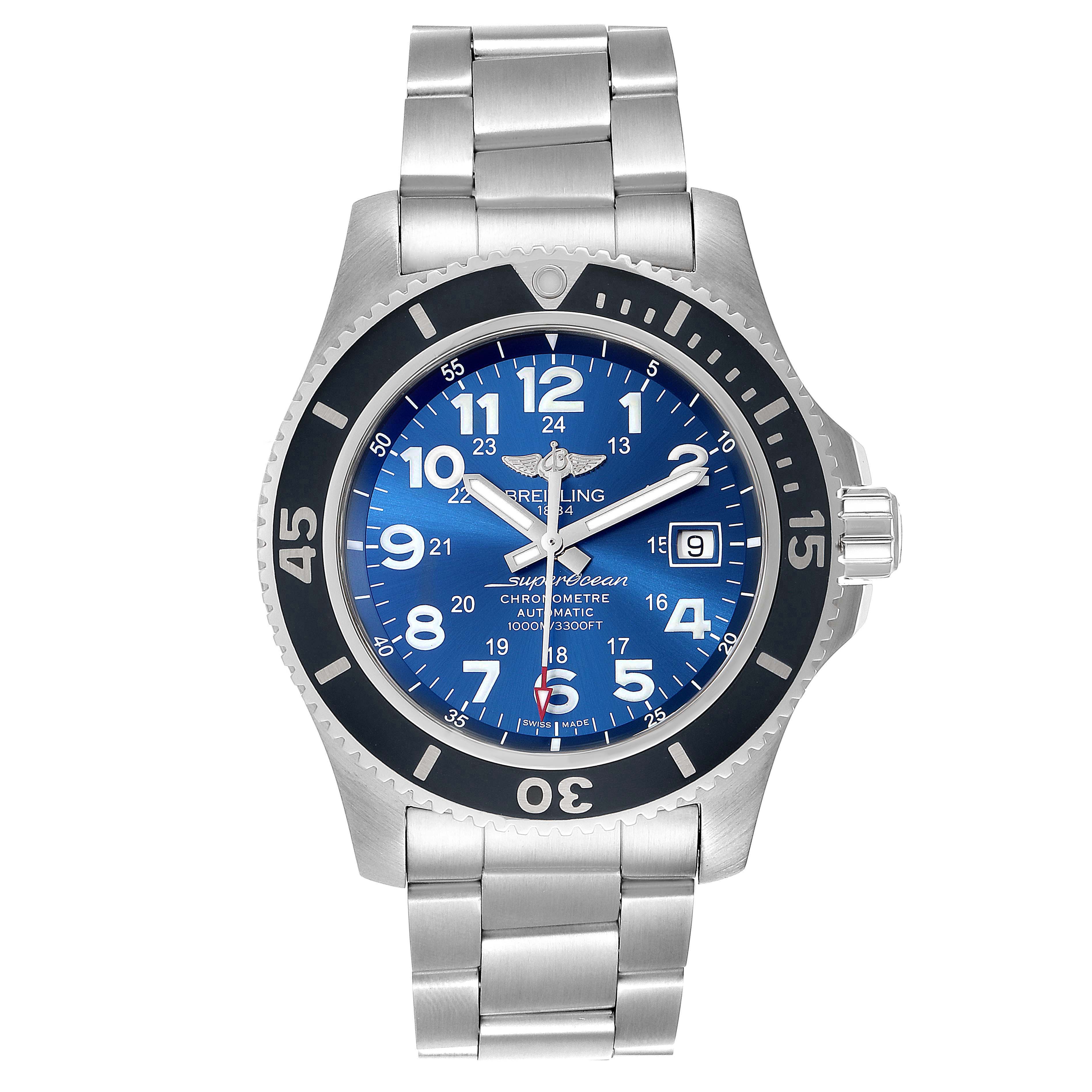 The image shows a Breitling Superocean A17392 Men's Stainless Steel Blue Dial A17392 Men's Stainless Steel Blue Dial watch from a front angle, displaying its face, bezel, crown, and bracelet.