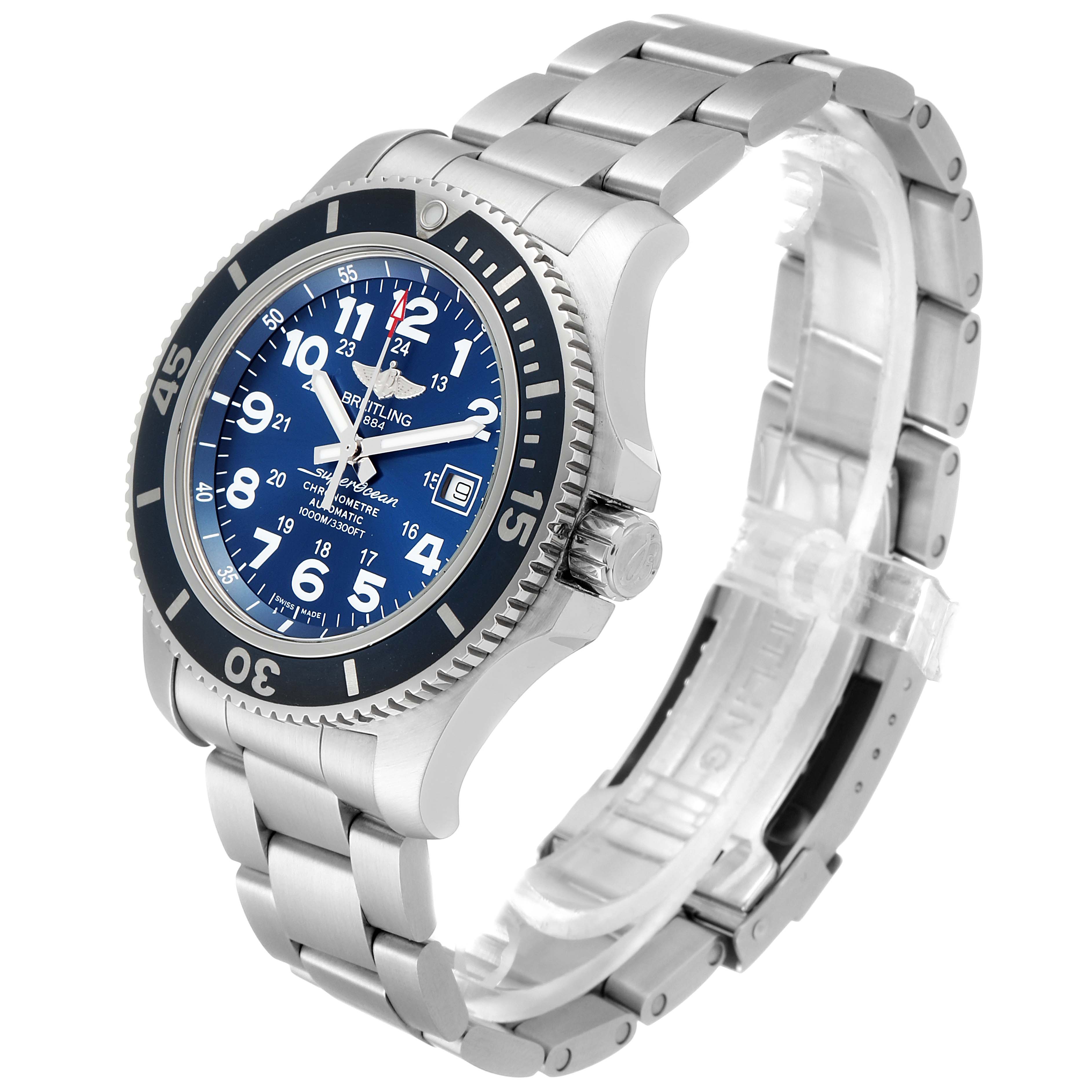 This image shows the Breitling Superocean A17392 Men's Stainless Steel Blue Dial A17392 Men's Stainless Steel Blue Dial watch at a slight angle, highlighting the face, bezel, crown, and stainless steel bracelet.