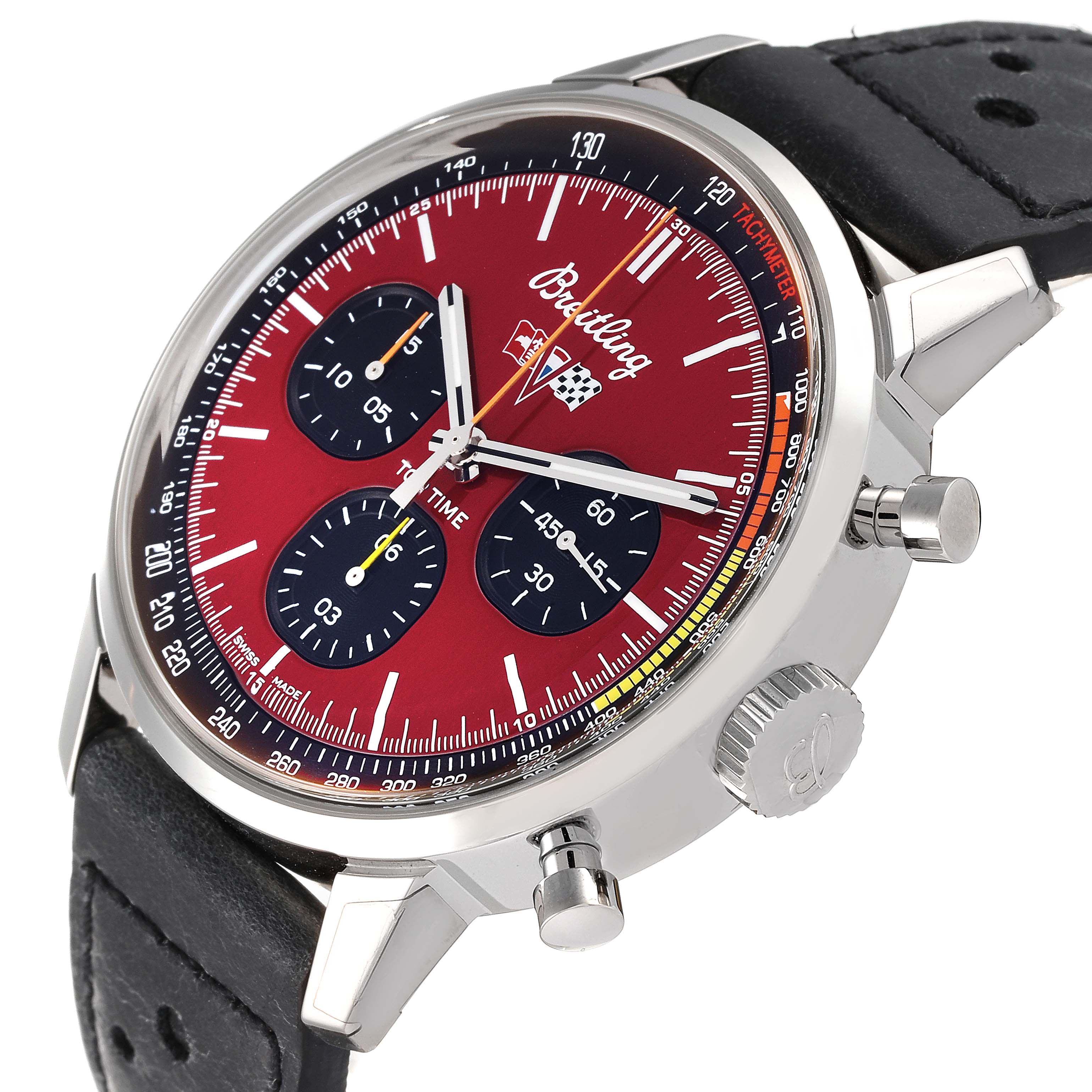 The image shows a Breitling Premier A25310241K1X1 Men's Stainless Steel Red Dial A25310241K1X1 Men's Stainless Steel Red Dial model watch from an angled view, highlighting the dial, crown, and pushers.