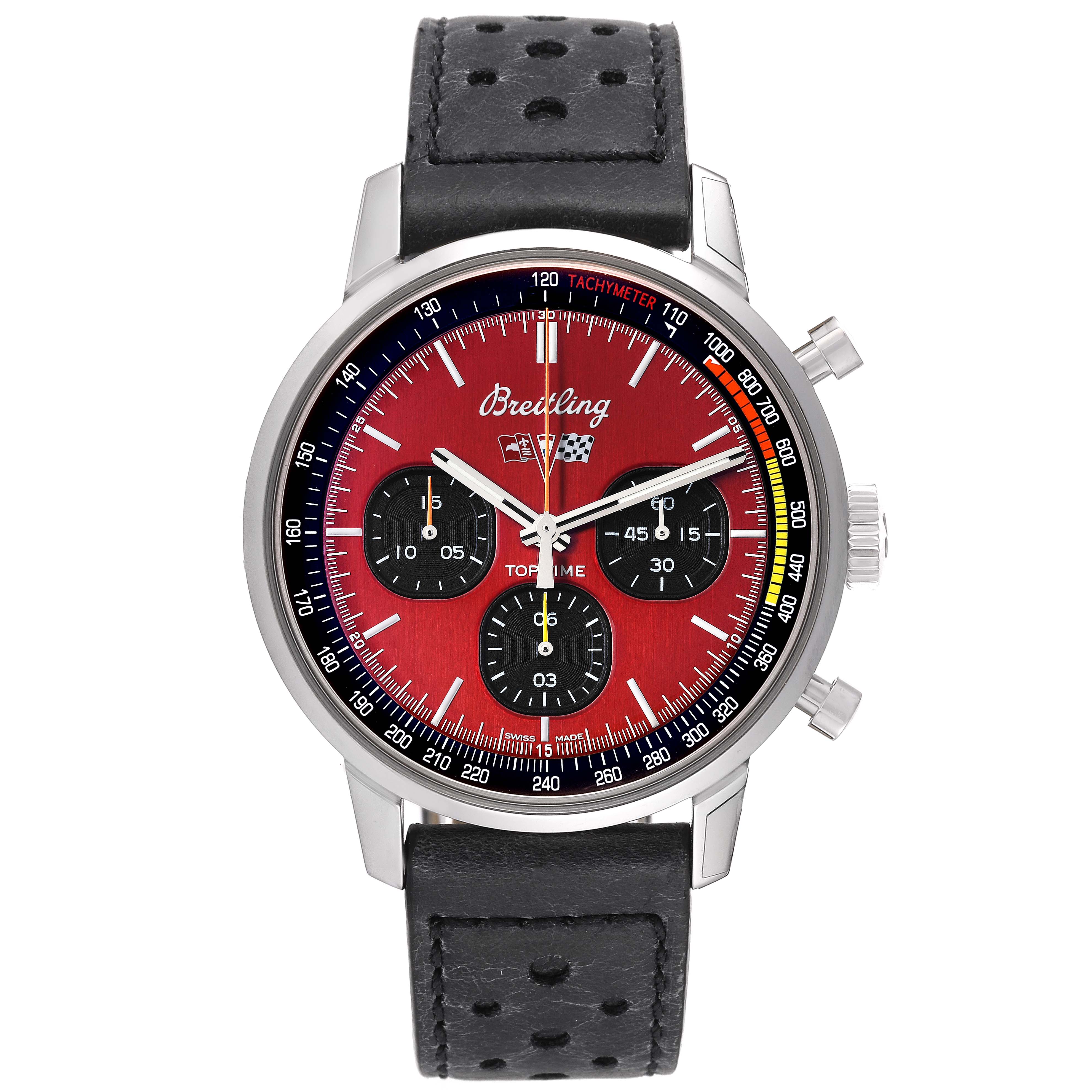 The image shows a front view of a Breitling Premier A25310241K1X1 Men's Stainless Steel Red Dial A25310241K1X1 Men's Stainless Steel Red Dial model watch with a black perforated strap and a red dial featuring three subdials.