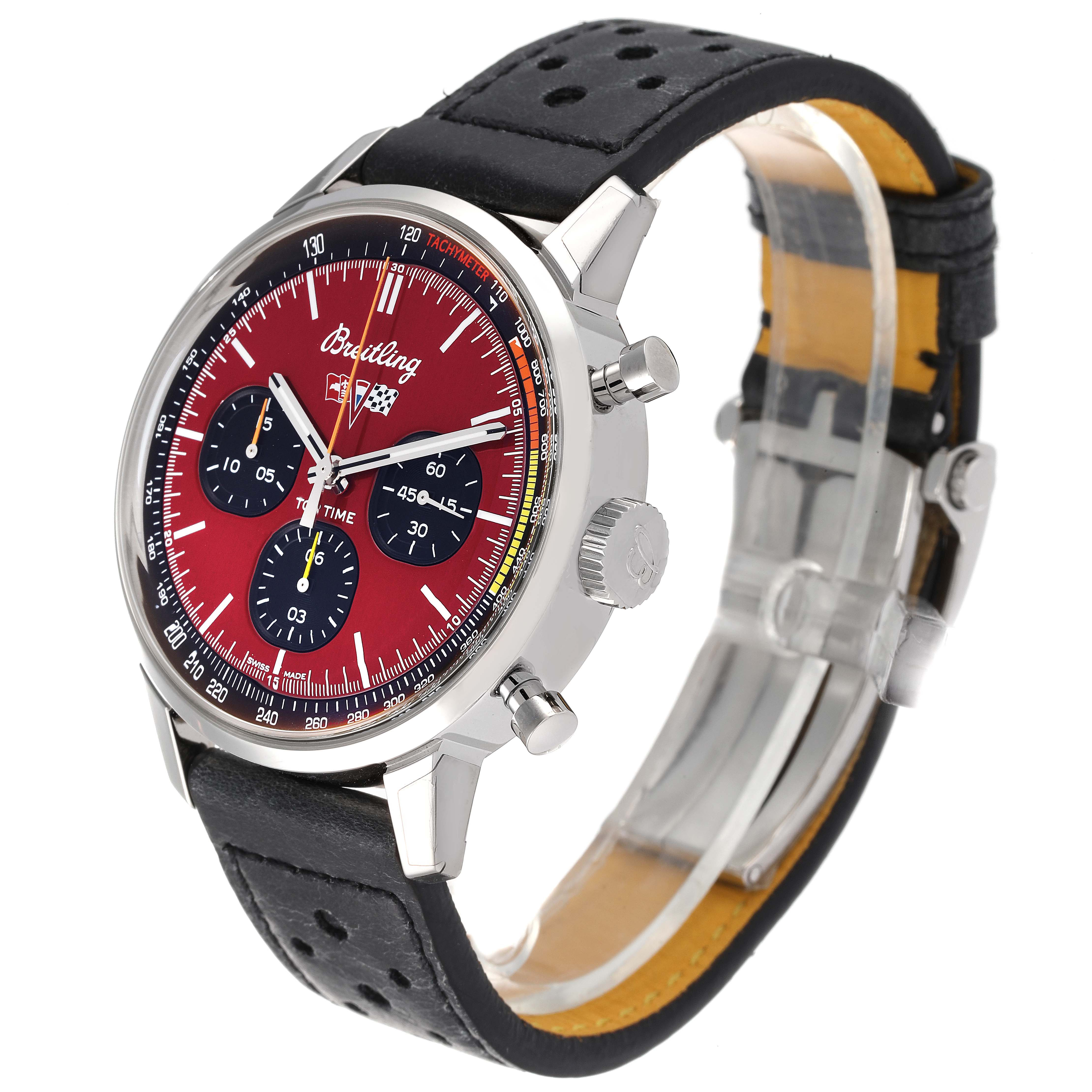 The Breitling Premier A25310241K1X1 Men's Stainless Steel Red Dial A25310241K1X1 Men's Stainless Steel Red Dial model watch is shown from a front-side angle, displaying its red dial, chronograph subdials, and black leather strap.