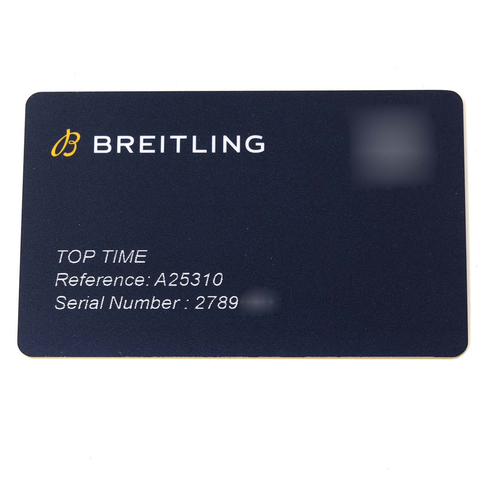This image shows a black Breitling warranty card for the Premier model, highlighting its reference and serial number.