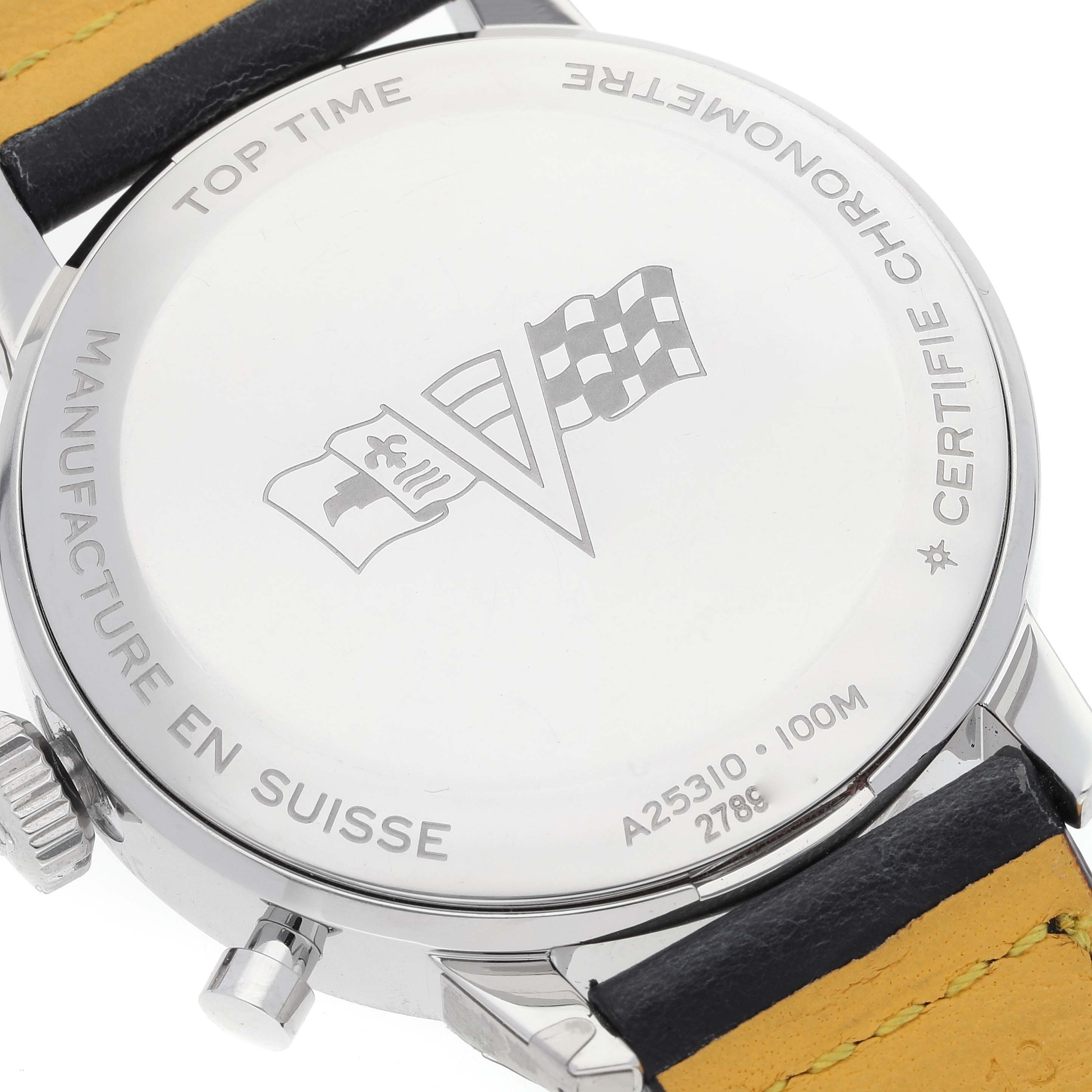 The image shows the back case of a Breitling Premier A25310241K1X1 Men's Stainless Steel Red Dial A25310241K1X1 Men's Stainless Steel Red Dial Top Time watch, displaying engravings and part of the leather strap.