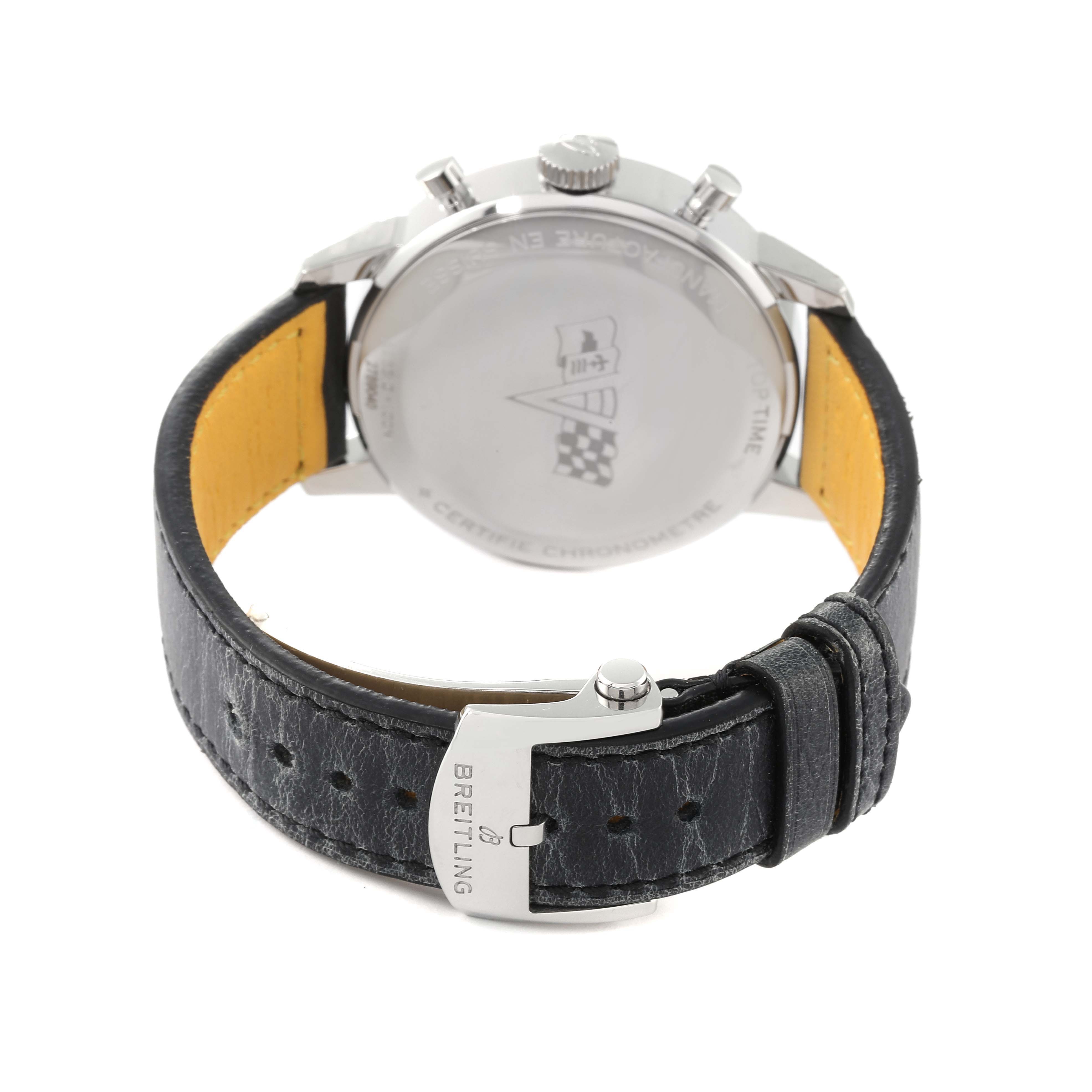 The image shows the back view of a Breitling Premier A25310241K1X1 Men's Stainless Steel Red Dial A25310241K1X1 Men's Stainless Steel Red Dial watch, showcasing its case back, crown, chronograph pushers, and leather strap with a Breitling buckle.