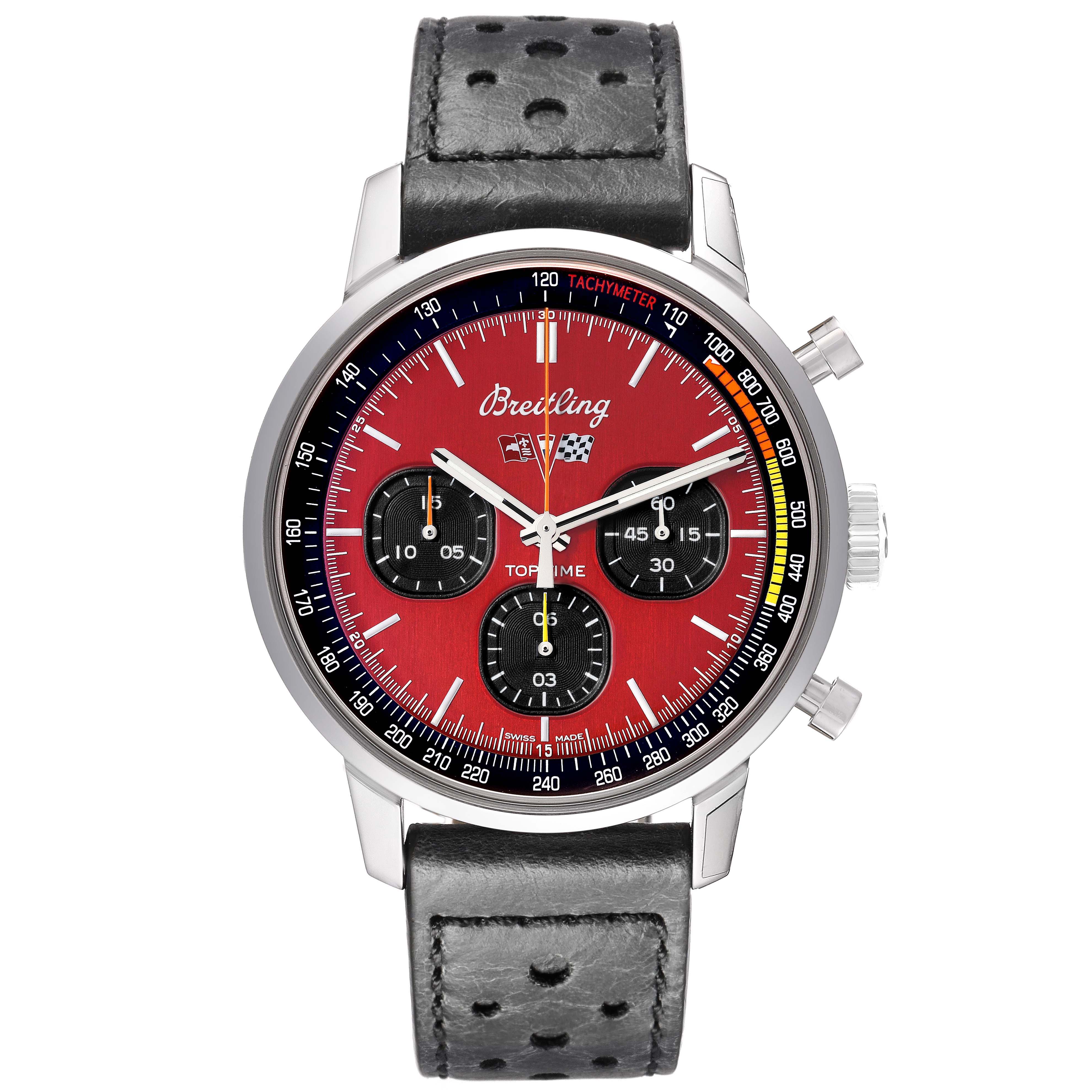 The Breitling Premier A25310241K1X1 Men's Stainless Steel Red Dial watch is shown from the front, featuring a red dial, three sub-dials, and a perforated leather strap.