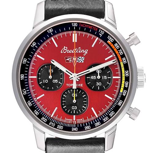 The Breitling Premier A25310241K1X1 Men's Stainless Steel Red Dial watch is shown from the front, highlighting its red dial, three subdials, tachymeter scale, and pushers.