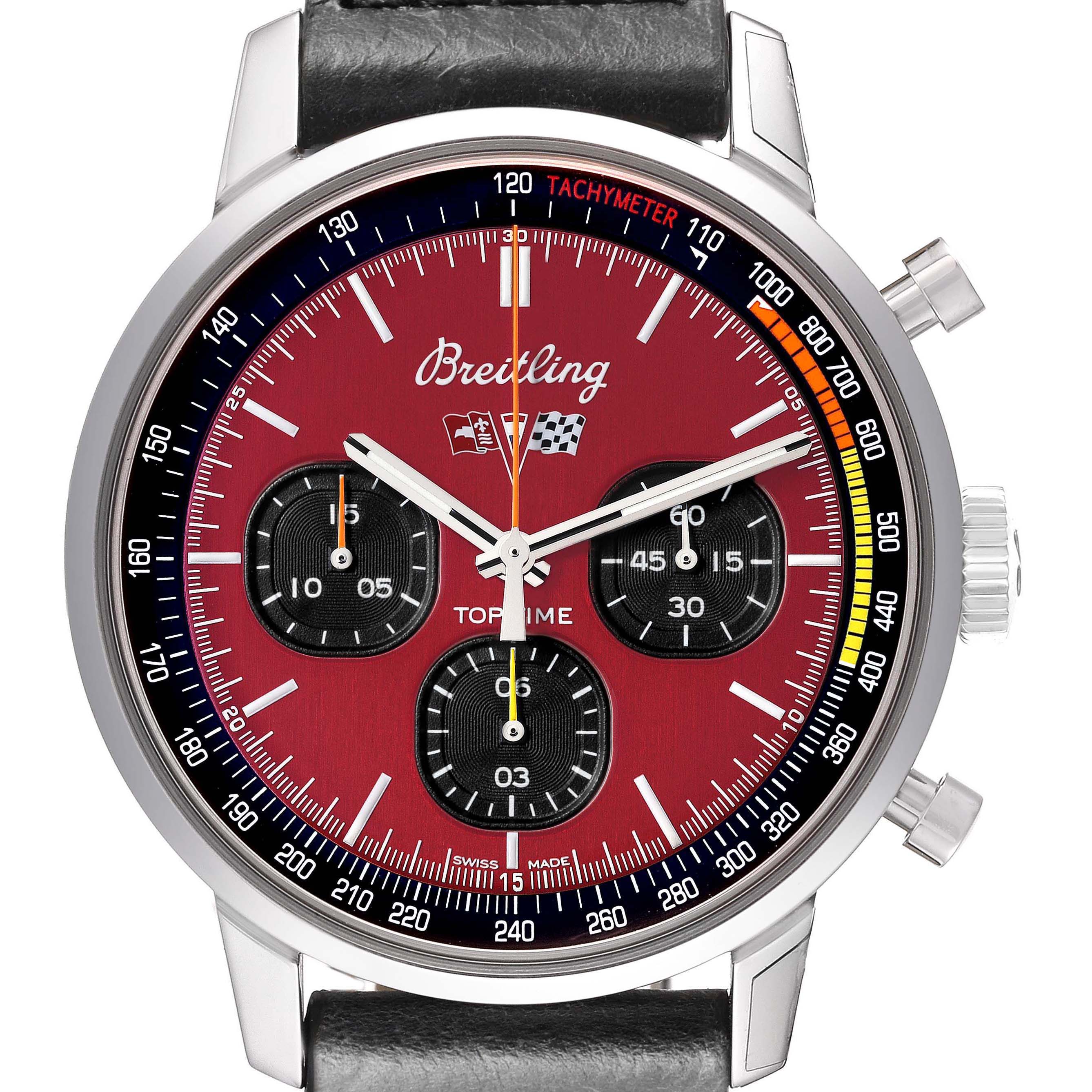 The Breitling Premier A25310241K1X1 Men's Stainless Steel Red Dial watch is shown from a front angle, displaying the dial, subdials, and crown.