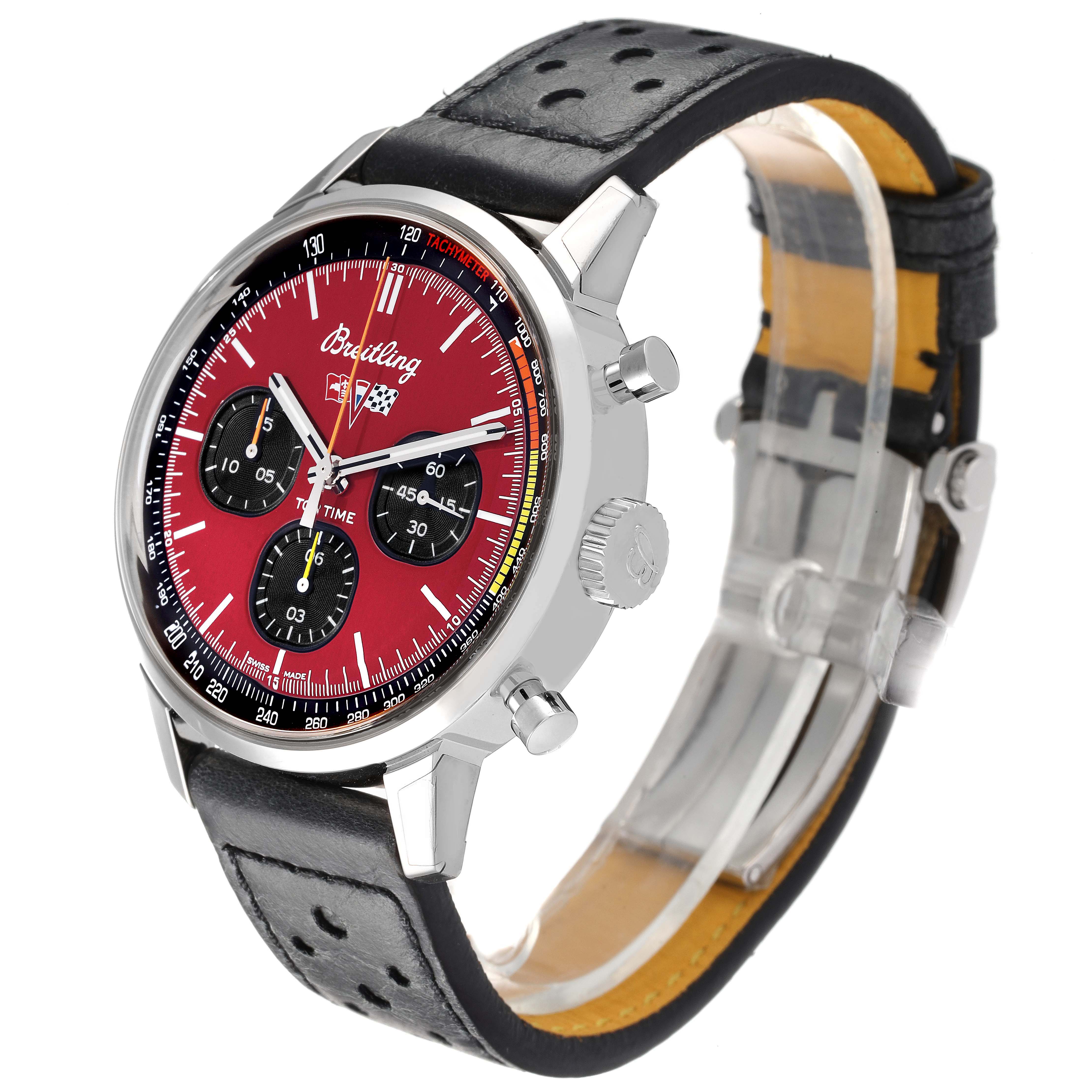 The Breitling Premier A25310241K1X1 Men's Stainless Steel Red Dial model watch is shown at a three-quarter angle, highlighting the red dial, sub-dials, and perforated leather strap.