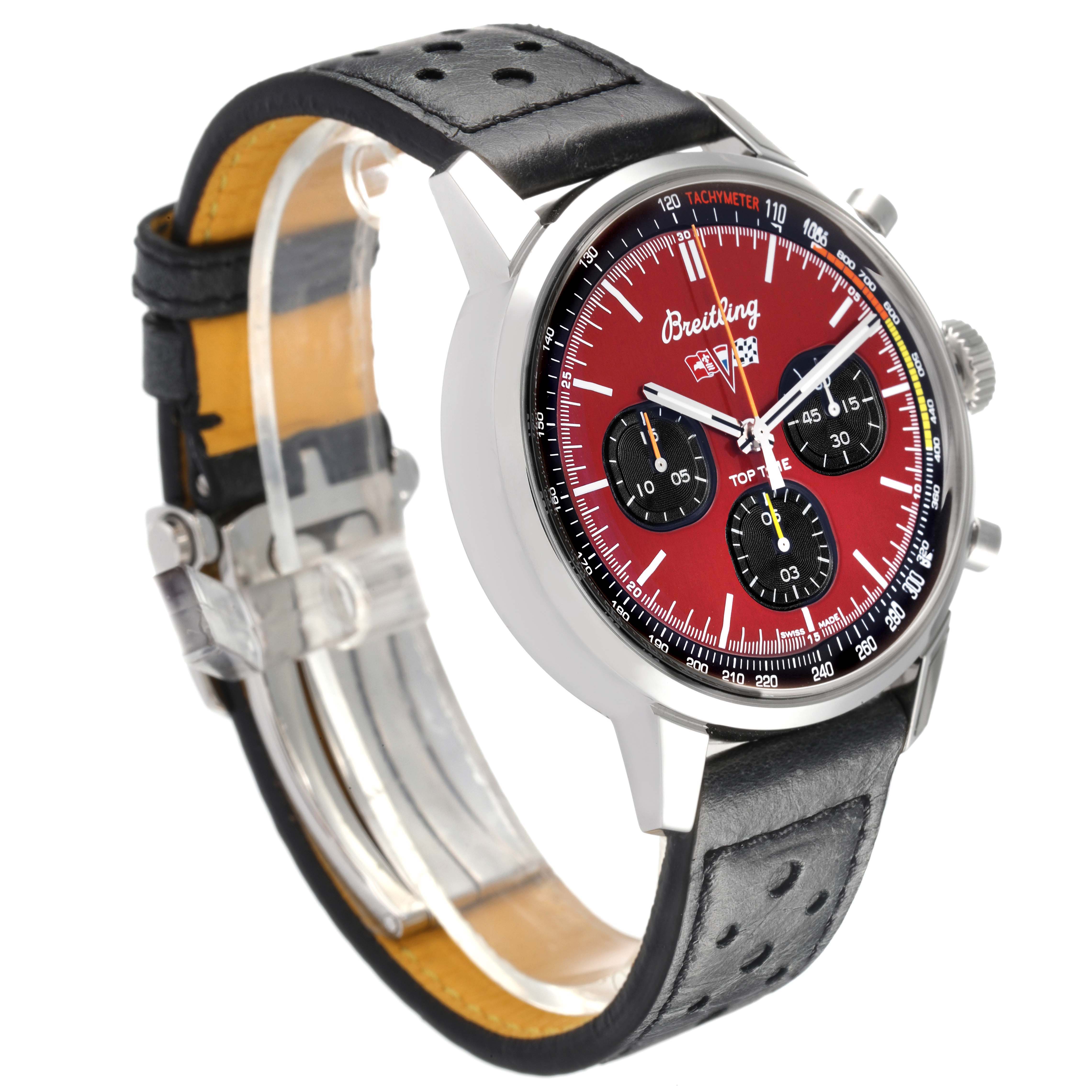 The Breitling Premier A25310241K1X1 Men's Stainless Steel Red Dial watch is shown at a side angle, highlighting the red dial, black sub-dials, and perforated leather strap.
