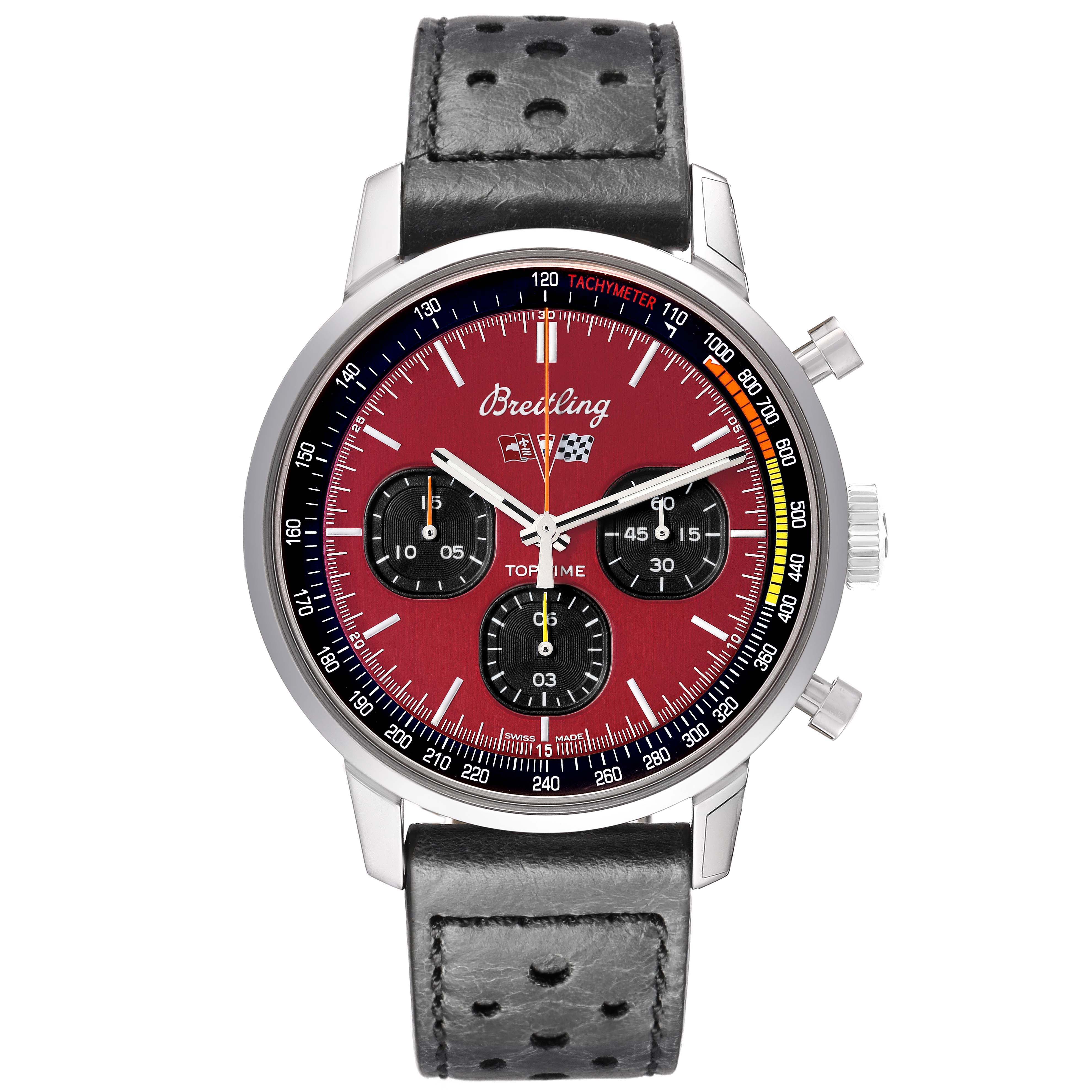 The Breitling Premier A25310241K1X1 Men's Stainless Steel Red Dial watch is shown from a front angle, displaying the dial, bezel, and perforated leather strap.