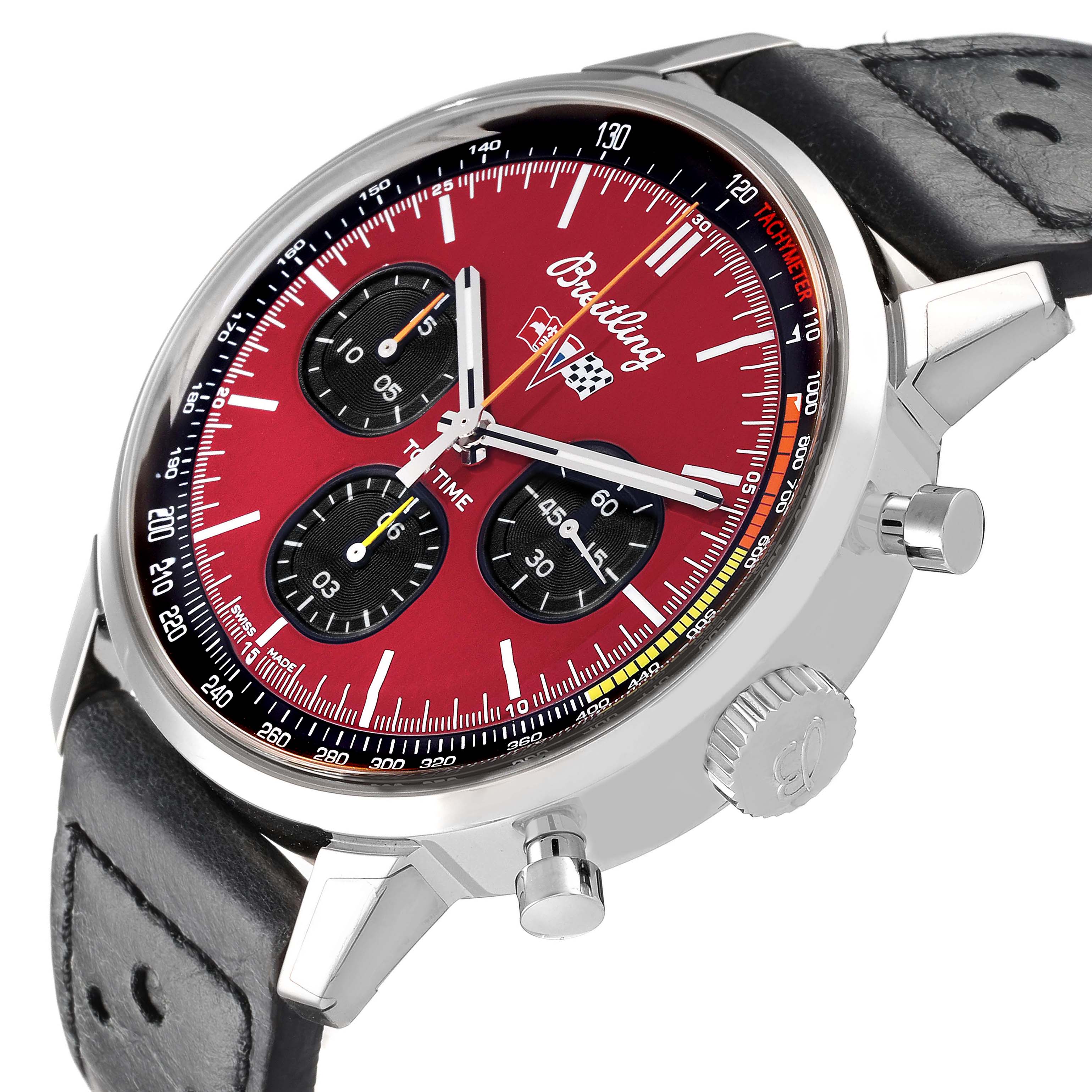 The Breitling Premier A25310241K1X1 Men's Stainless Steel Red Dial watch is angled to show the red dial, subdials, tachymeter scale, pushers, and black leather strap.
