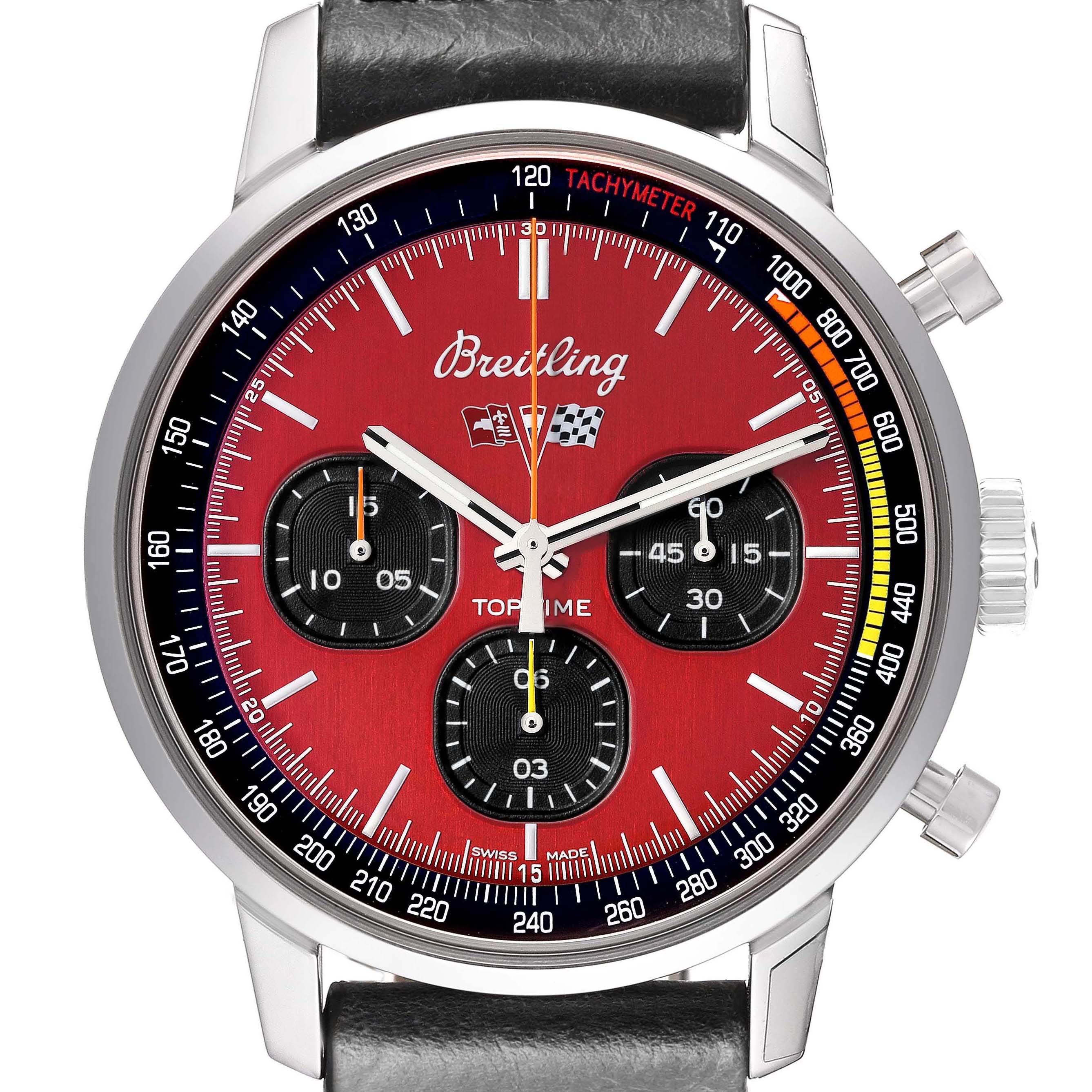 The image shows a front view of the Breitling Premier A25310241K1X1 Men's Stainless Steel Red Dial watch with a red dial, tachymeter, and black leather strap.