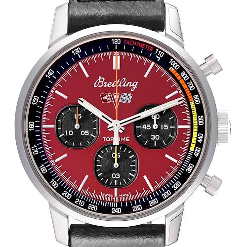The Breitling Premier A25310241K1X1 Men's Stainless Steel Red Dial watch is shown from a top-down angle, highlighting the dial, sub-dials, tachymeter, and crown.