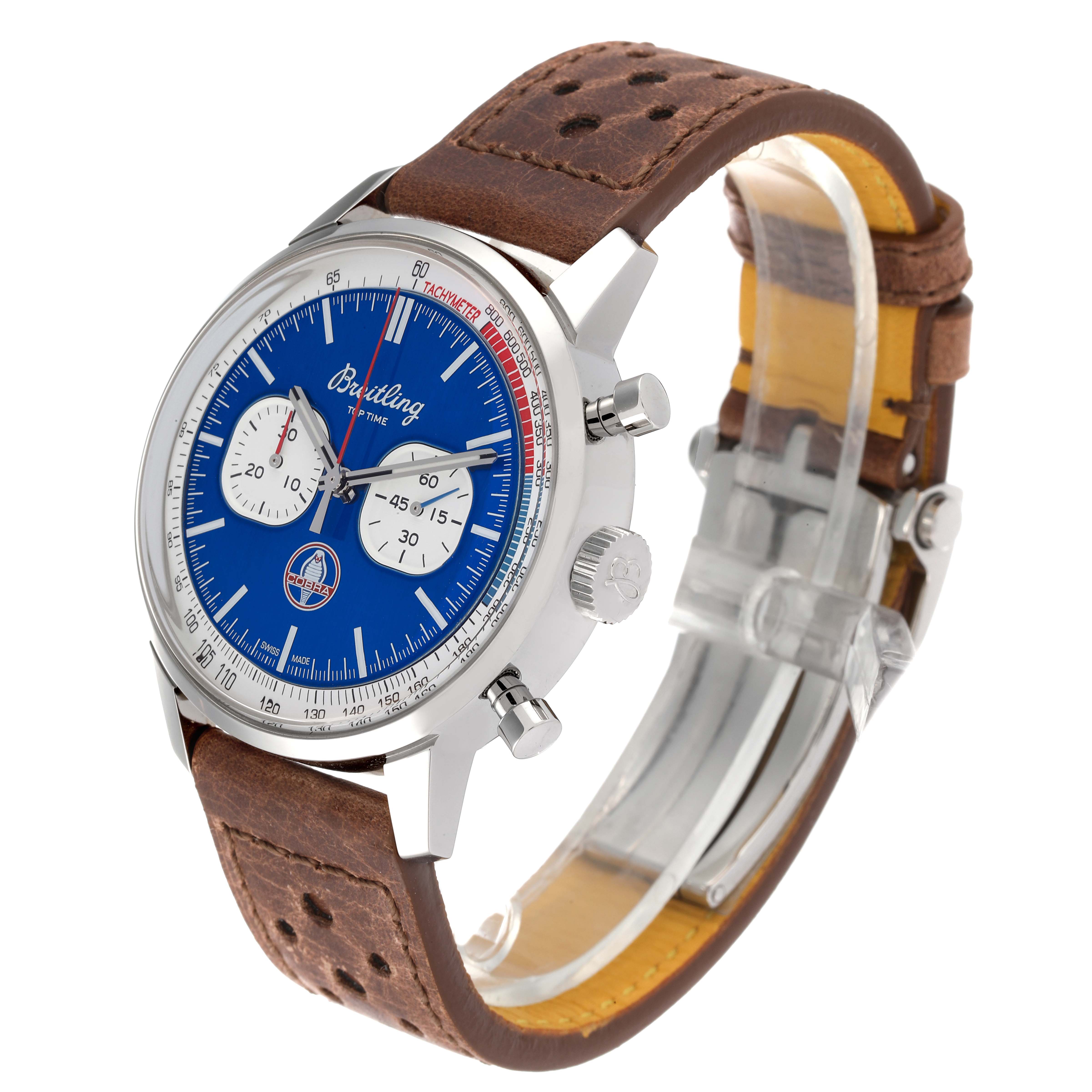 The Breitling Premier A41315A71C1X2 Men's Stainless Steel Blue Dial A41315A71C1X2 Men's Stainless Steel Blue Dial watch is shown at a three-quarter angle, featuring the face, crown, pushers, and brown leather strap.