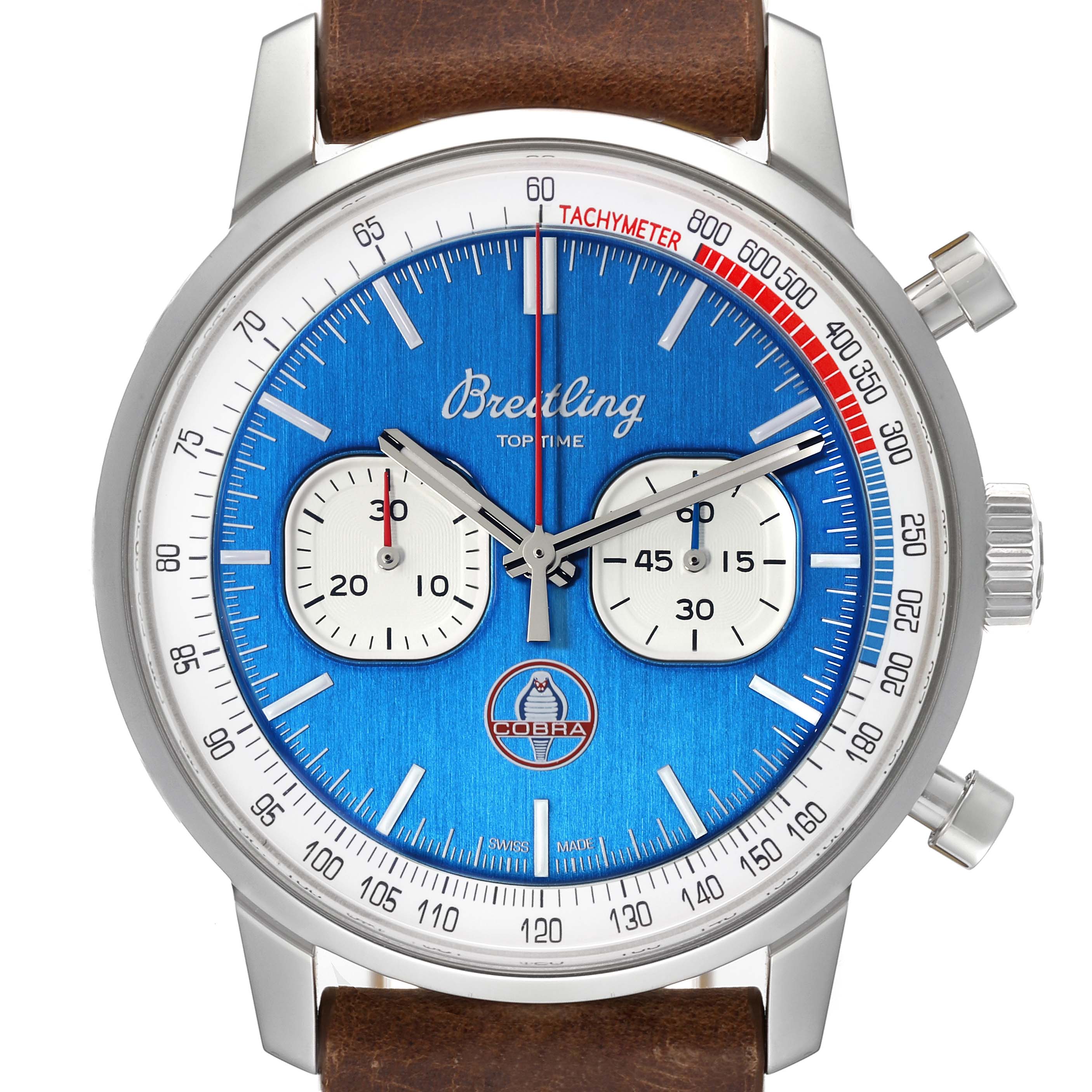 The Breitling Premier A41315A71C1X2 Men's Stainless Steel Blue Dial A41315A71C1X2 Men's Stainless Steel Blue Dial model watch is shown from the front, highlighting the dial, tachymeter, and chronograph subdials.