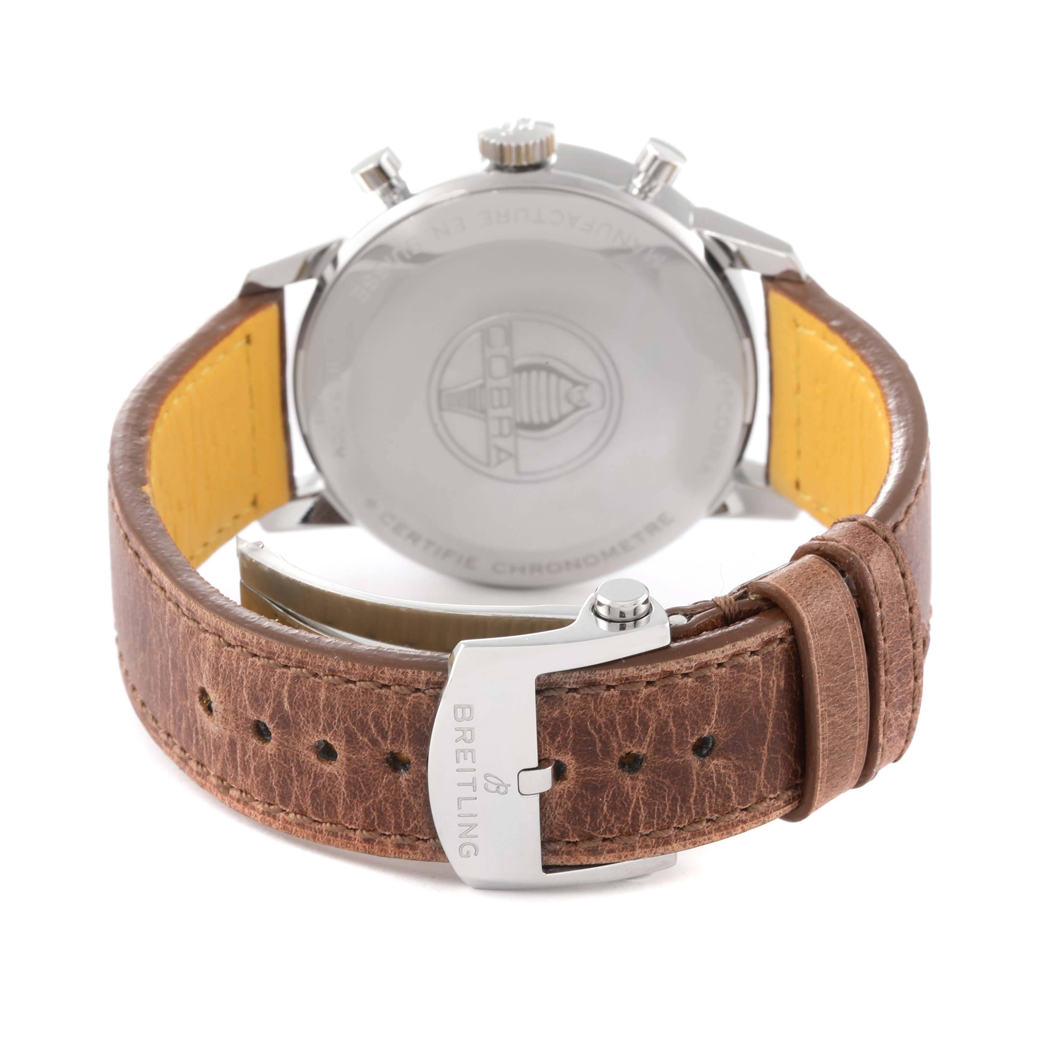 Rear view of the Breitling Premier A41315A71C1X2 Men's Stainless Steel Blue Dial A41315A71C1X2 Men's Stainless Steel Blue Dial watch showing the case back, brown leather strap, and clasp.