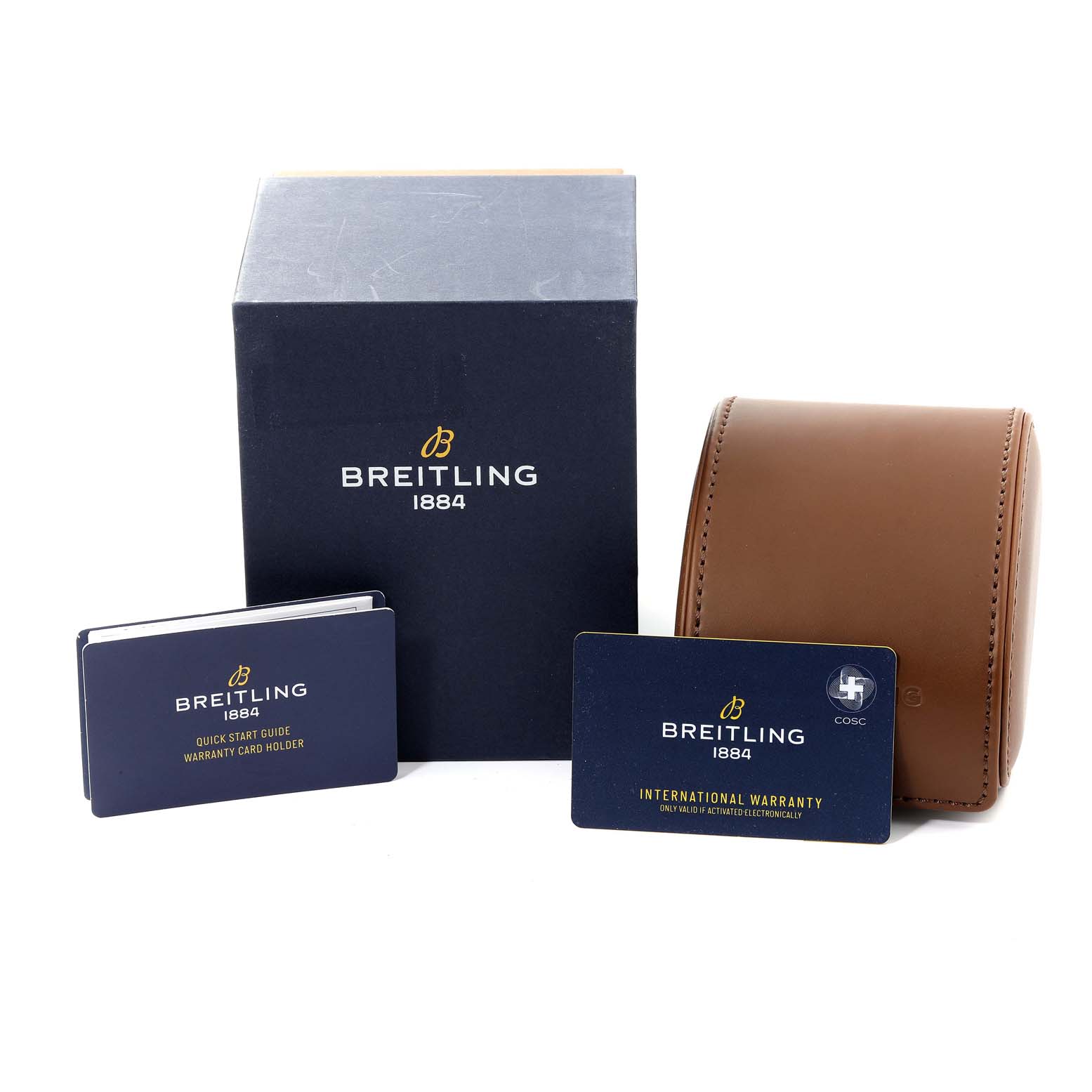 The image shows the packaging, warranty card, quick start guide, and carrying case for the Breitling Premier A41315A71C1X2 Men's Stainless Steel Blue Dial A41315A71C1X2 Men's Stainless Steel Blue Dial model.