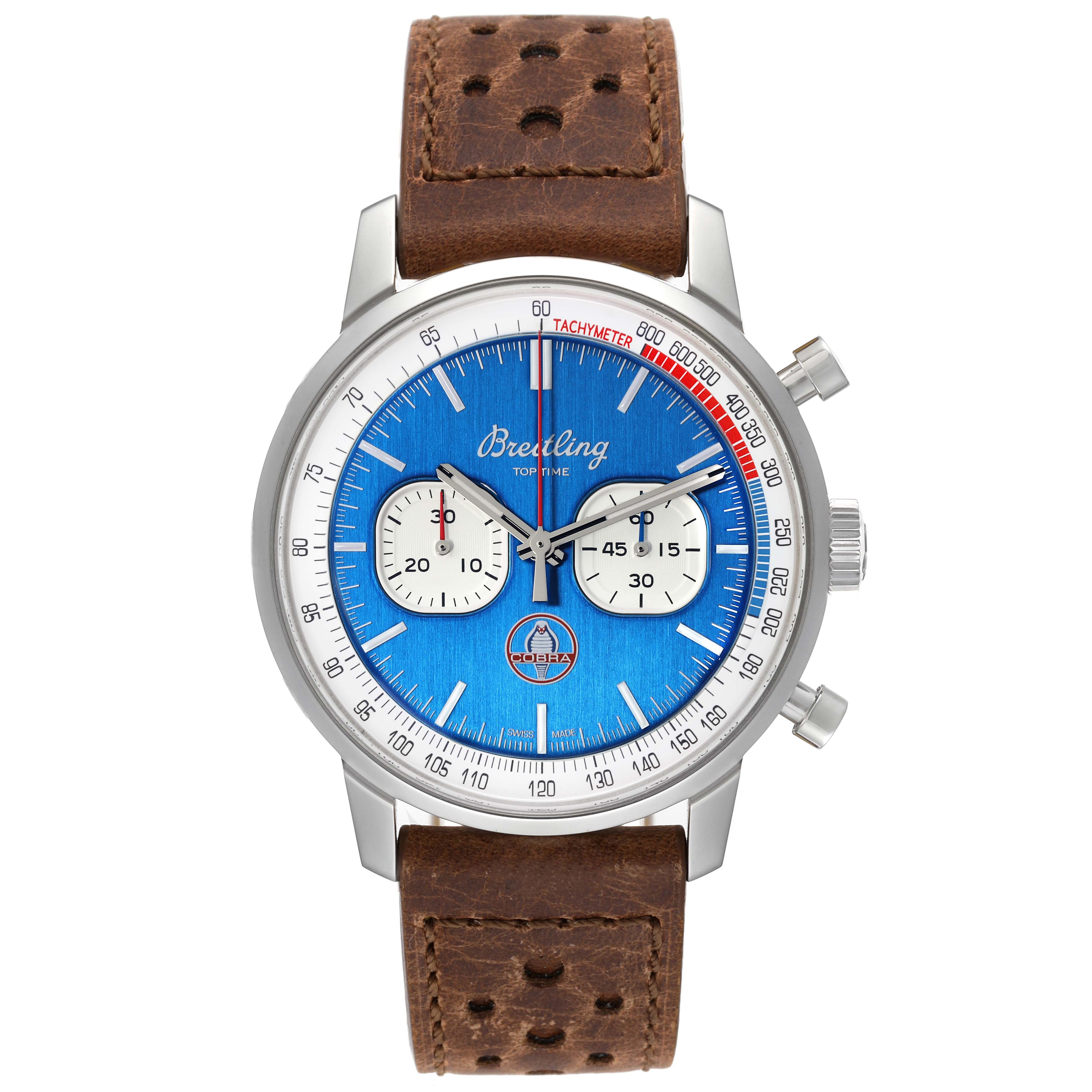 The image shows a frontal view of the Breitling Premier A41315A71C1X2 Men's Stainless Steel Blue Dial A41315A71C1X2 Men's Stainless Steel Blue Dial watch with a blue dial and brown leather strap.