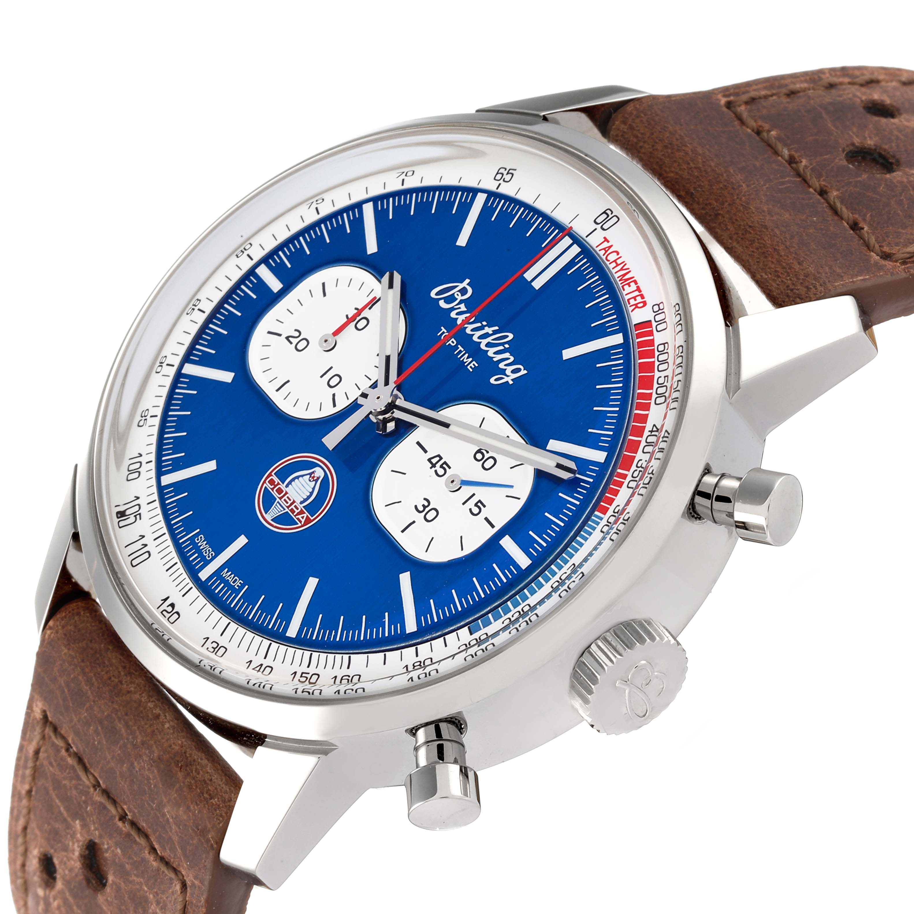 The Breitling Premier A41315A71C1X2 Men's Stainless Steel Blue Dial A41315A71C1X2 Men's Stainless Steel Blue Dial model watch is shown at an angle highlighting the face, crown, pushers, and brown leather strap.