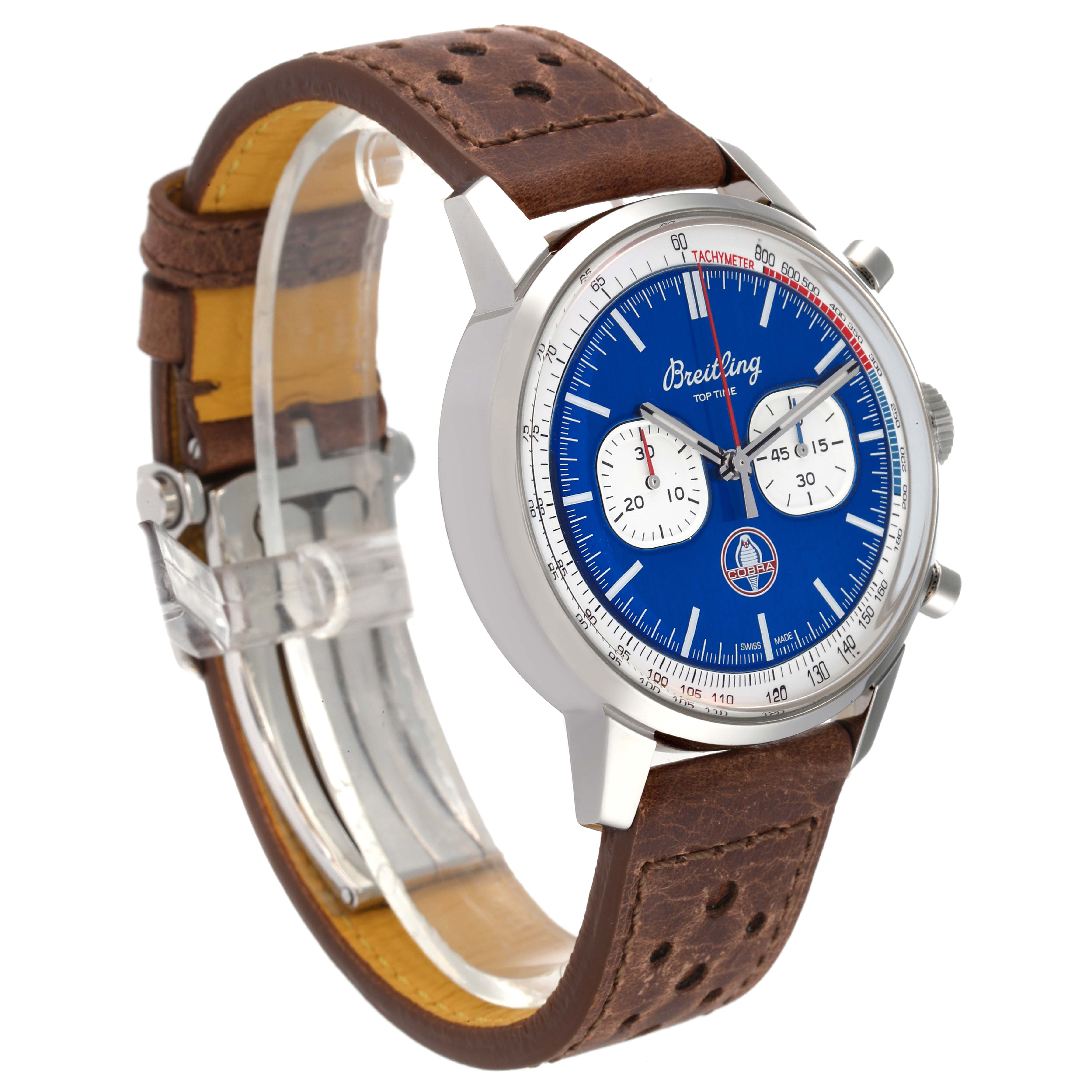 The Breitling Premier A41315A71C1X2 Men's Stainless Steel Blue Dial A41315A71C1X2 Men's Stainless Steel Blue Dial model watch is shown at a slight angle, displaying its blue dial, subdials, stainless steel case, and brown leather strap.