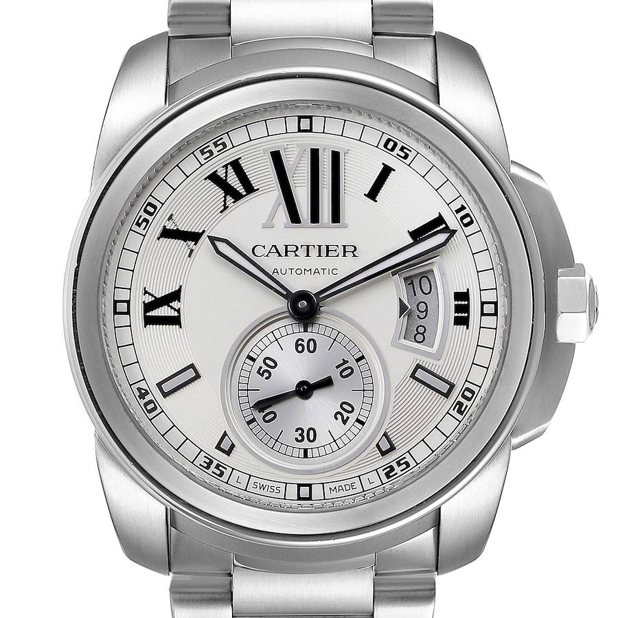 Calibre De Cartier Silver Dial Steel Automatic Mens Watch W7100015 Box SwissWatchExpo