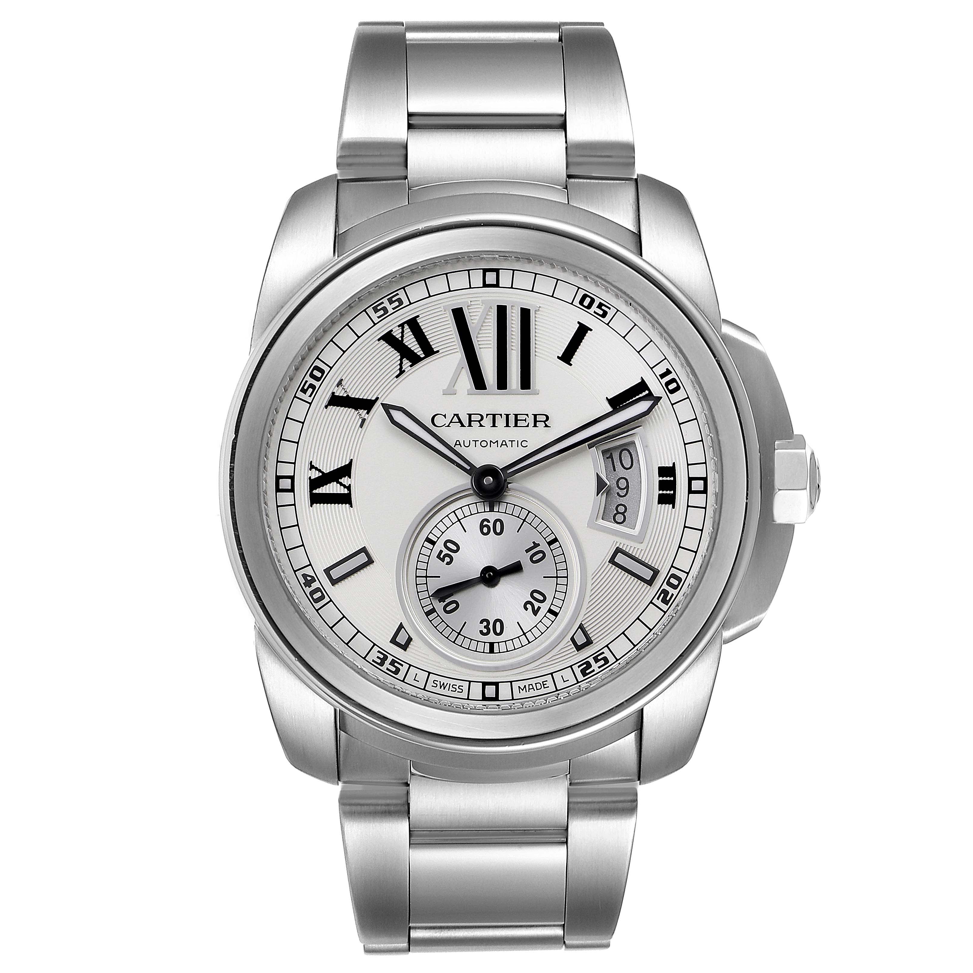 This image shows a front view of a Calibre de Cartier watch by Cartier, highlighting its dial, hands, and bracelet.
