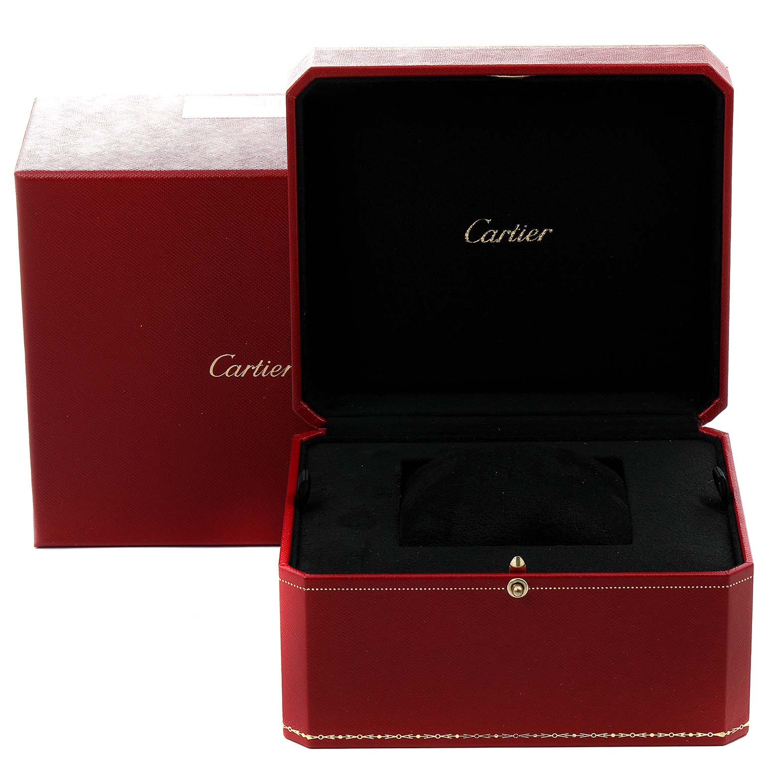 The image shows the open box and outer packaging of a Calibre de Cartier watch by Cartier.