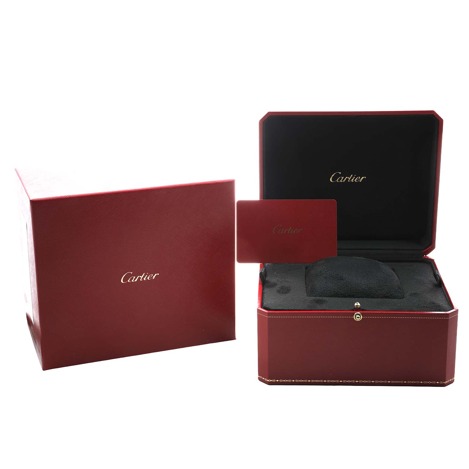 The image shows a Cartier Baignoire W8000005 Women's Rose Gold Silver Dial watch box and accessories, including an open box, outer box, and authentication card.