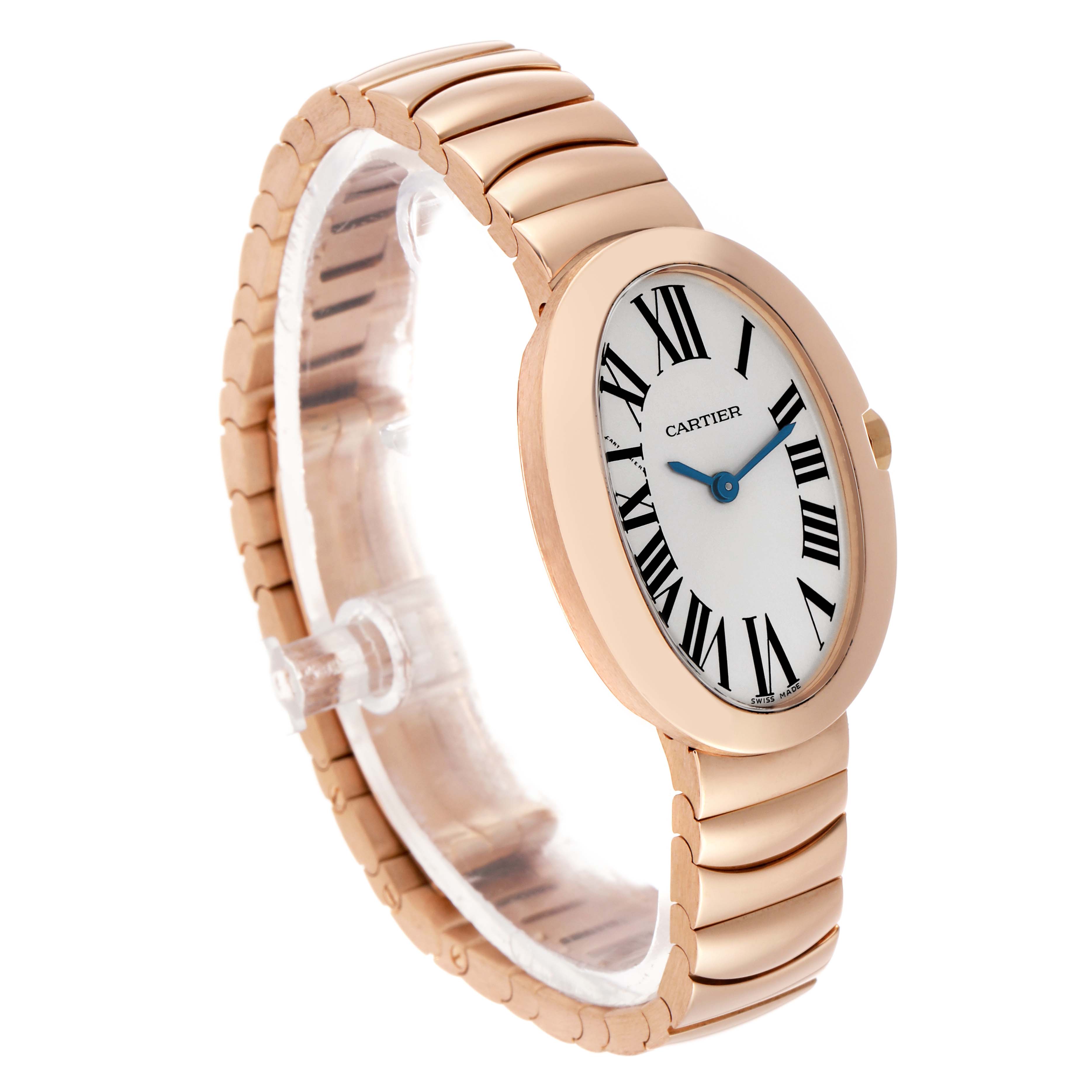 The Cartier Baignoire W8000005 Women's Rose Gold Silver Dial watch is shown at a three-quarter angle, highlighting its oval face, roman numerals, and curved metal bracelet.