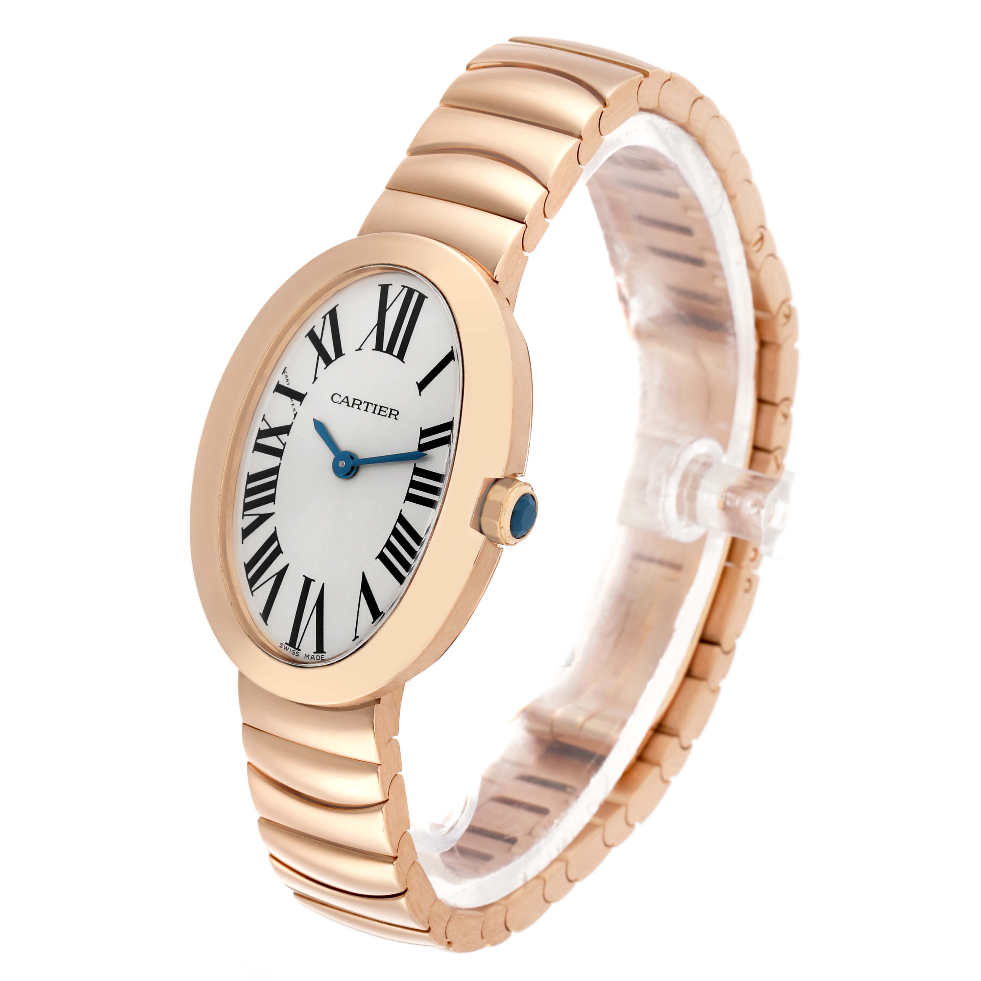 The Cartier Baignoire W8000005 Women's Rose Gold Silver Dial watch is shown from a three-quarter angle, highlighting its oval face and bracelet.