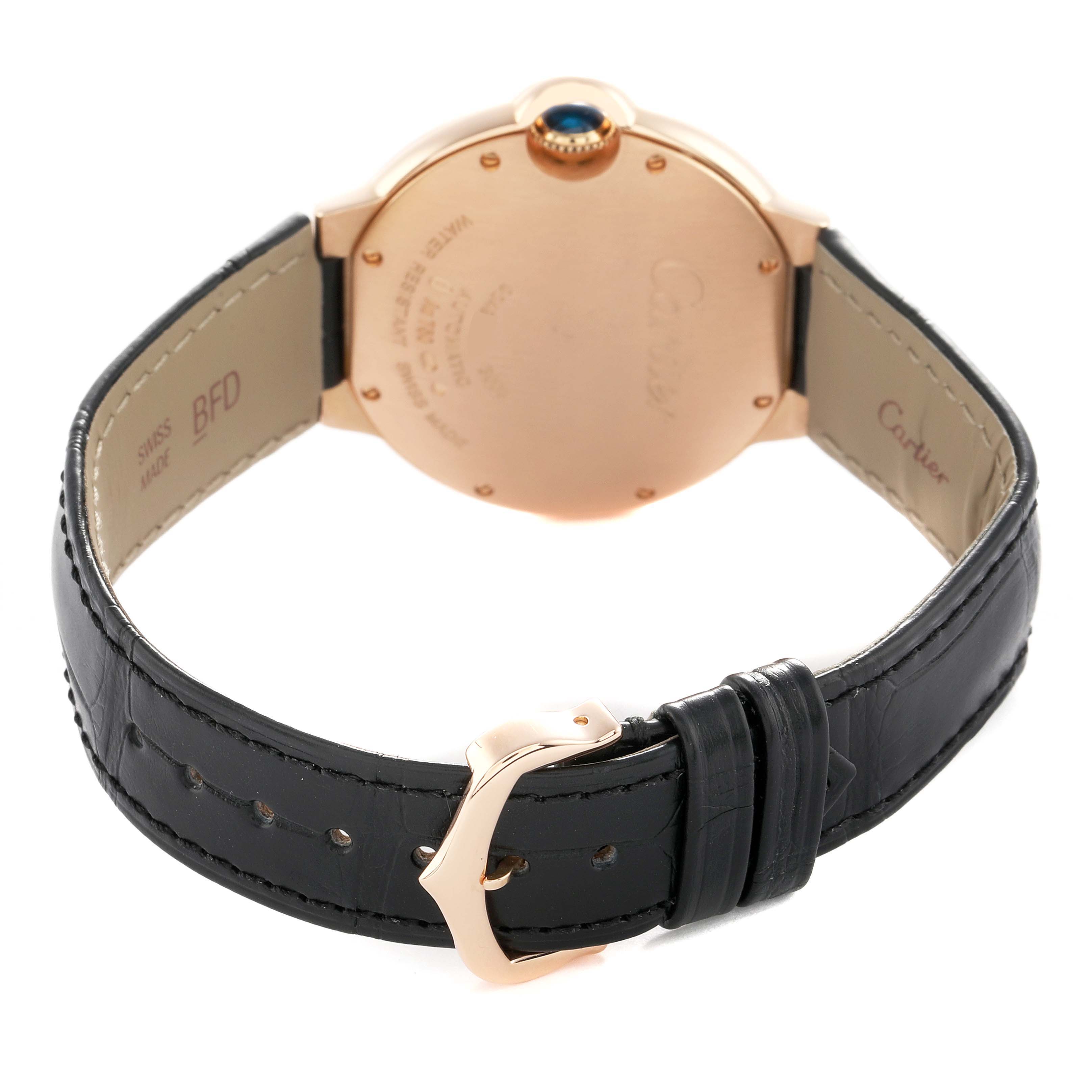 The image shows the back case and band of a Cartier Ballon Bleu WE902028 Women's Rose Gold Silver Dial watch from a rear angle.