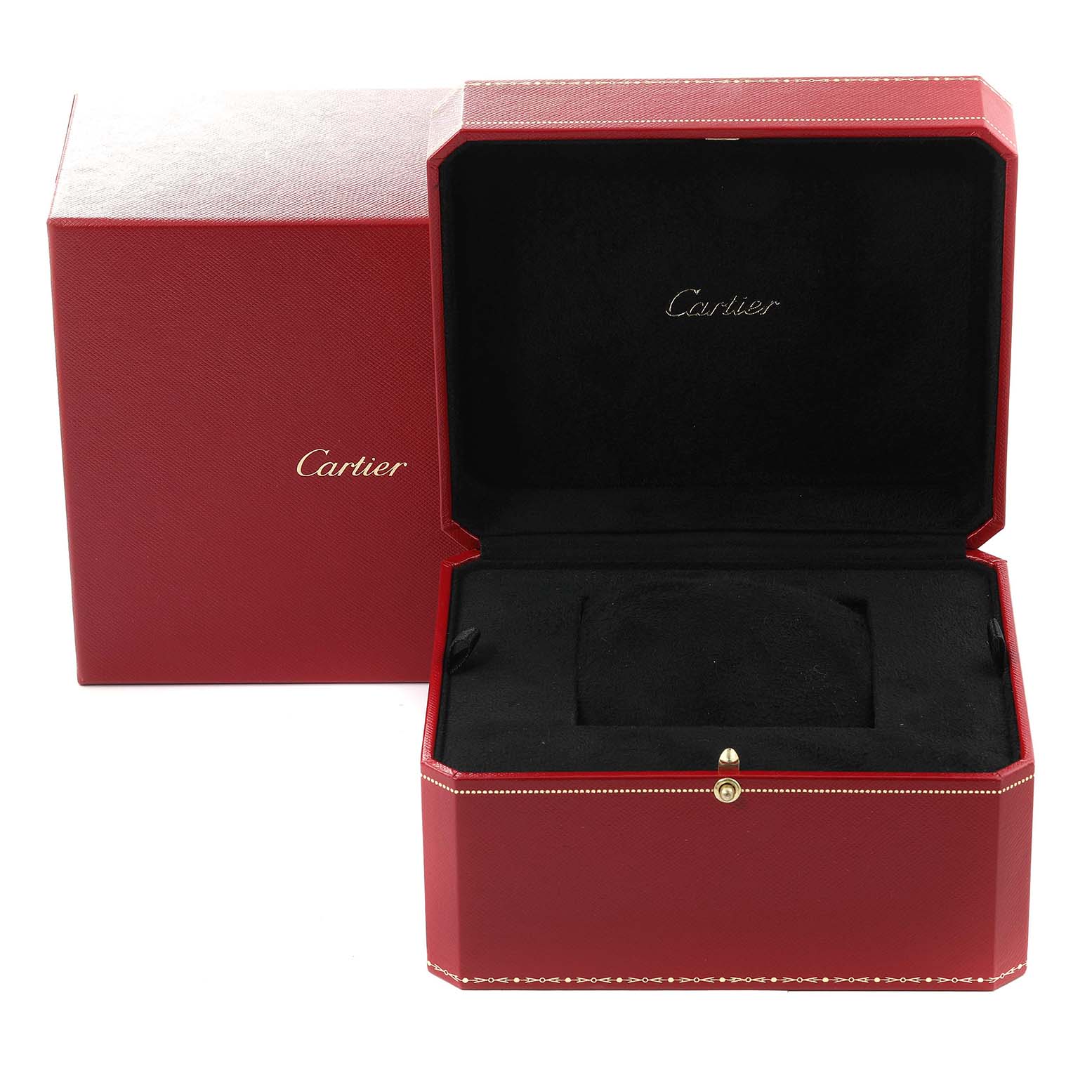 This image shows an open red Cartier watch box for the Ballon Bleu model.