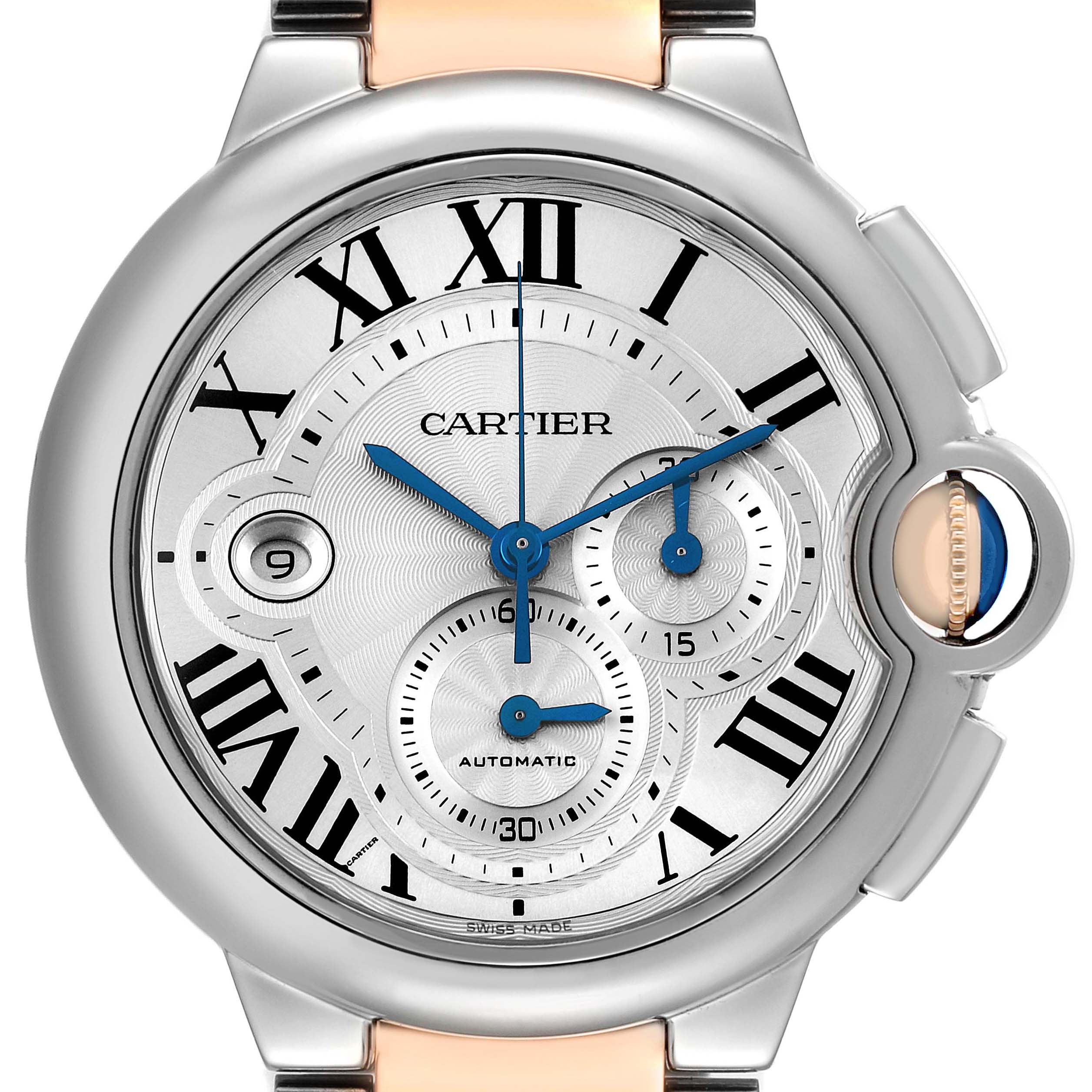 The Cartier Ballon Bleu W6920063 Men's Steel and Gold (two tone) Silver Dial watch is shown from the front, highlighting its dial, Roman numerals, and signature crown.