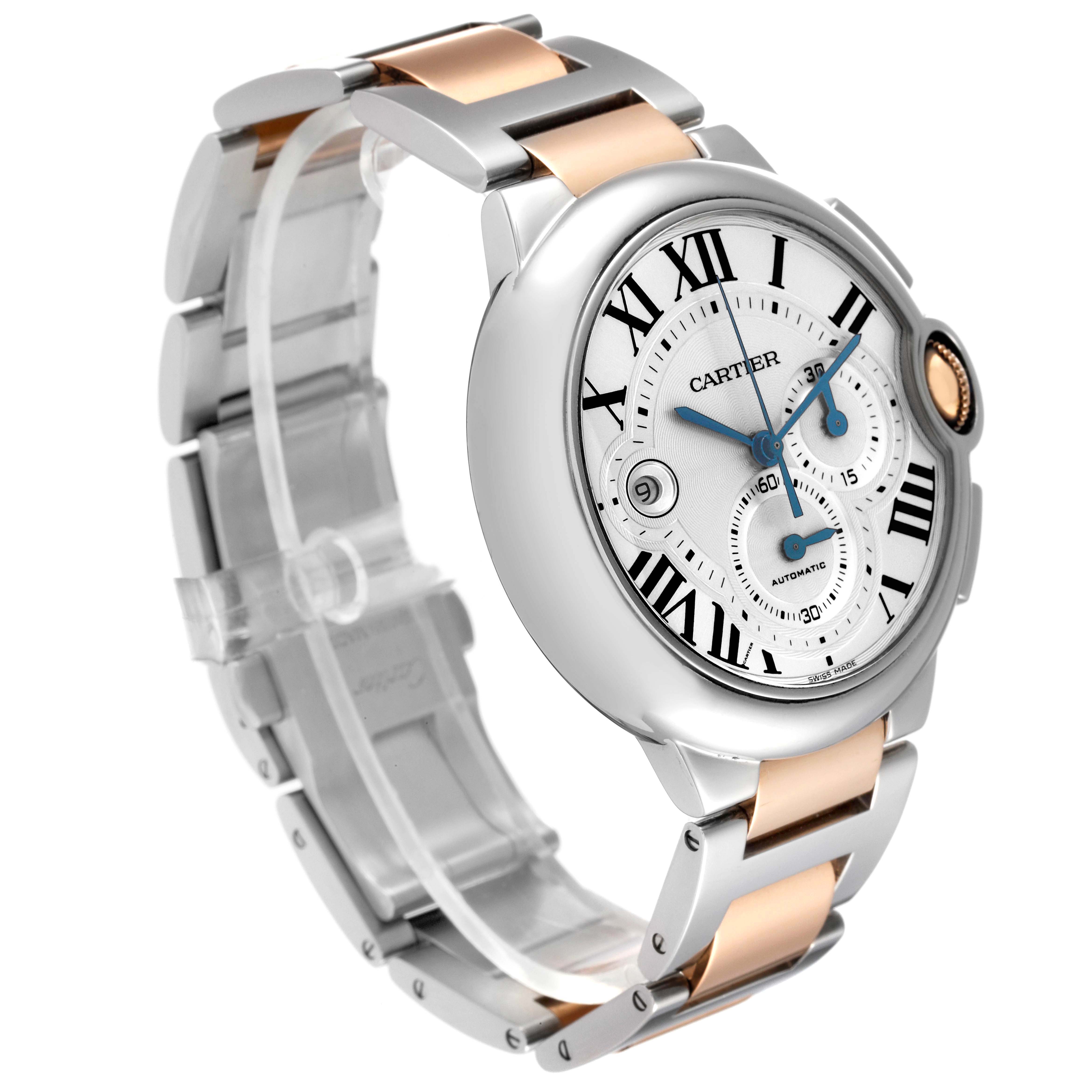 The Cartier Ballon Bleu W6920063 Men's Steel and Gold (two tone) Silver Dial watch is shown from a front-side angle, highlighting the dial, hands, and metal bracelet.