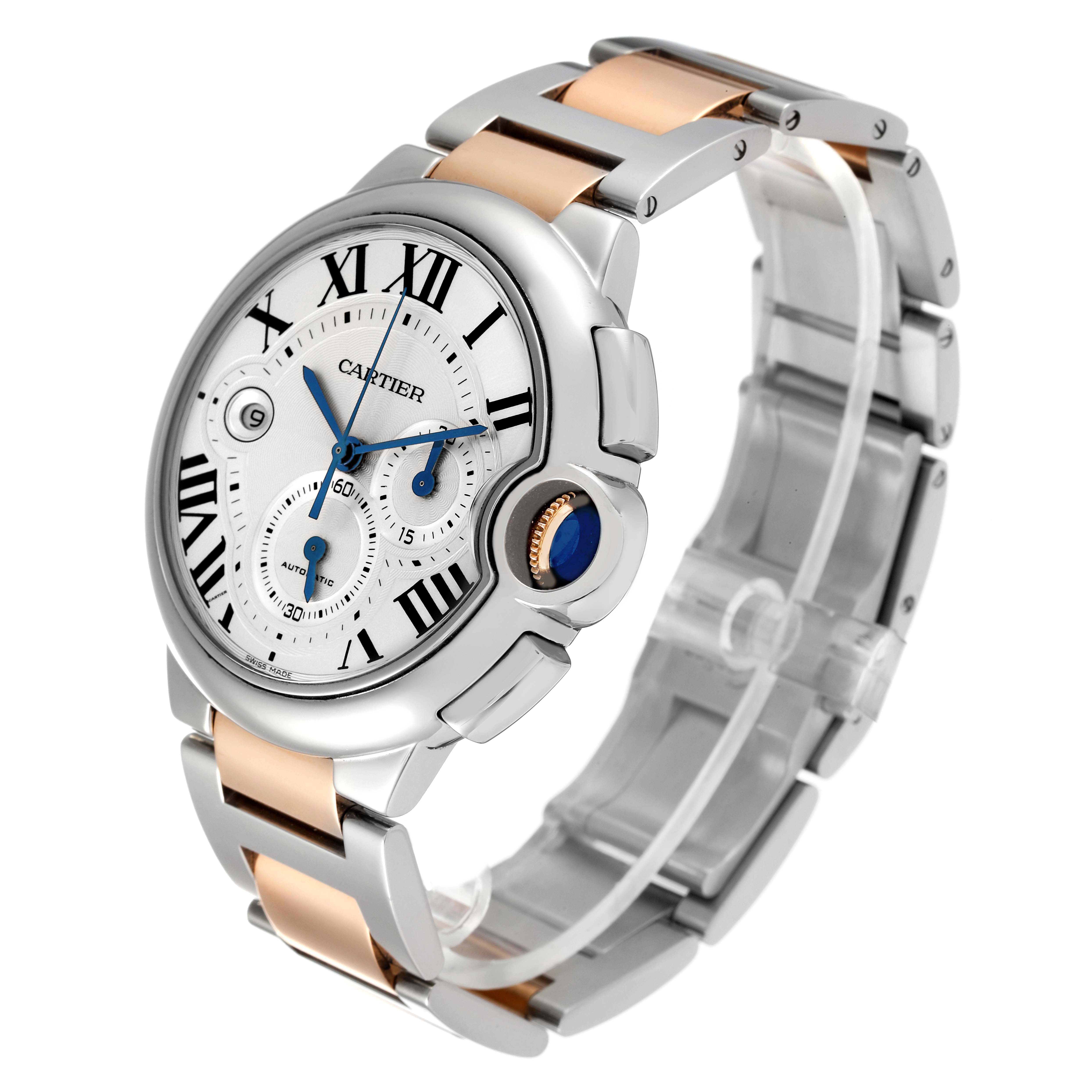 The Cartier Ballon Bleu W6920063 Men's Steel and Gold (two tone) Silver Dial watch is shown at a three-quarter angle, highlighting the dial, crown, and two-tone bracelet.
