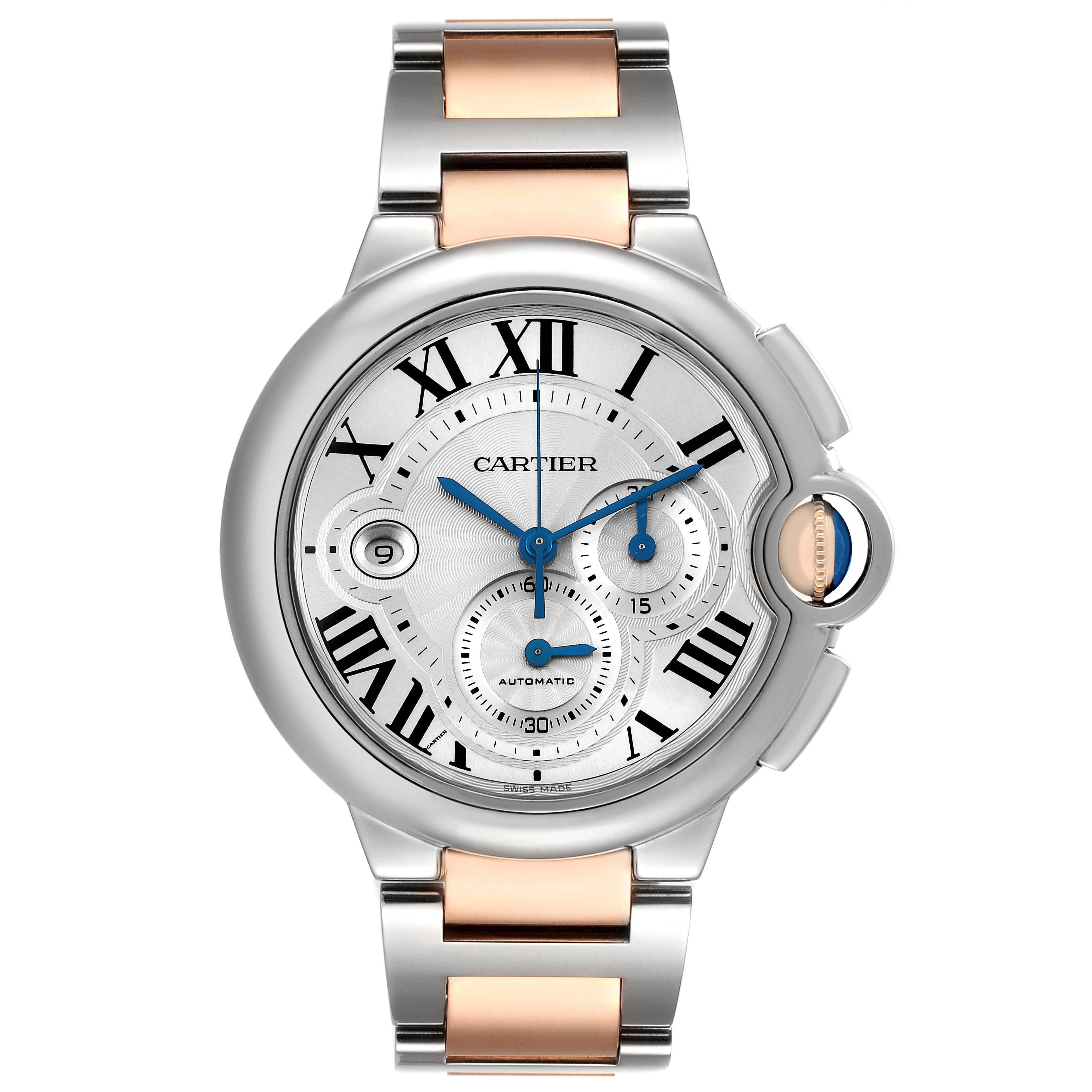 The Cartier Ballon Bleu W6920063 Men's Steel and Gold (two tone) Silver Dial watch is shown from a front view, highlighting its dial, hands, and two-tone bracelet.