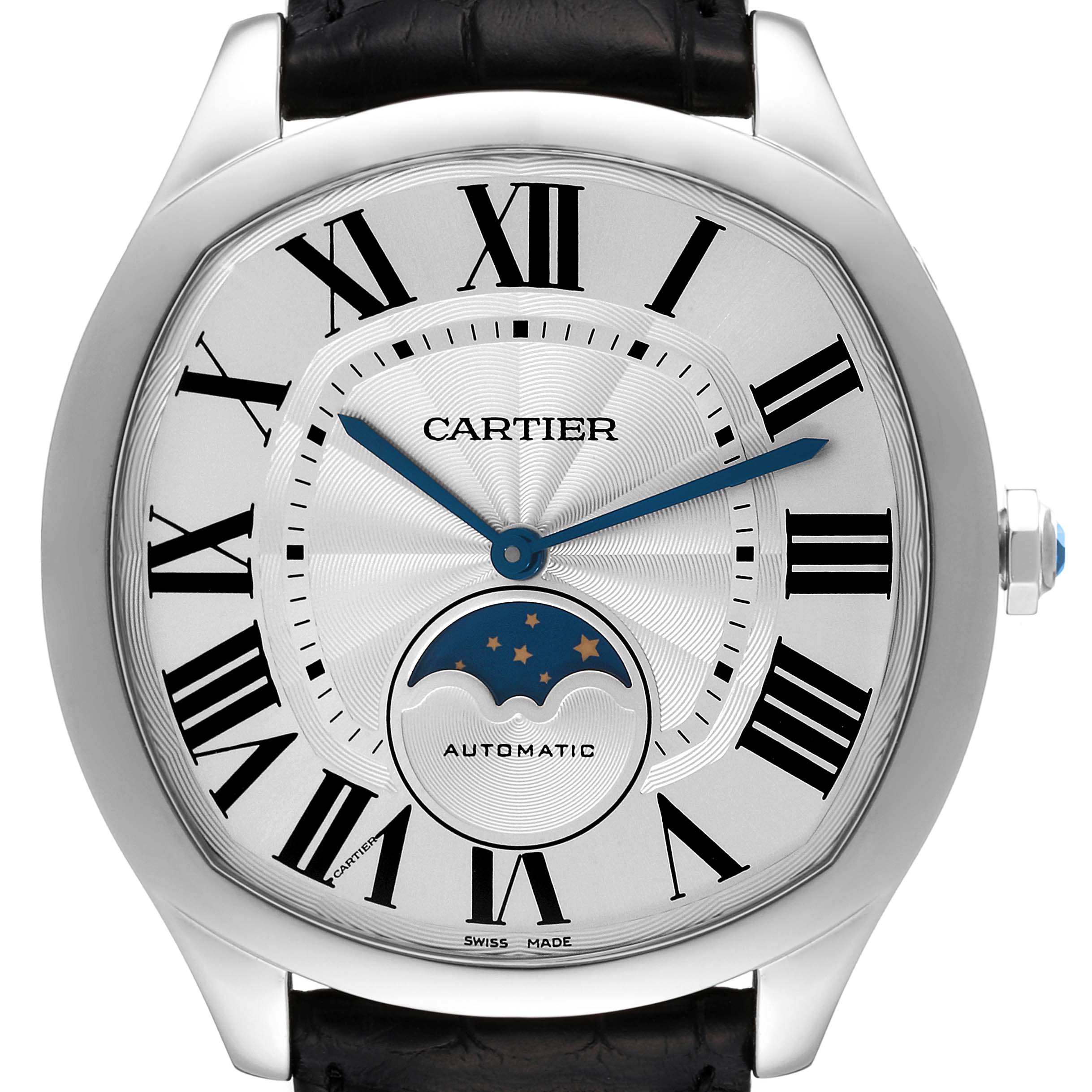 This is a front view of the Drive de Cartier watch by Cartier, showing the dial, Roman numerals, moonphase complication, and blue hands.