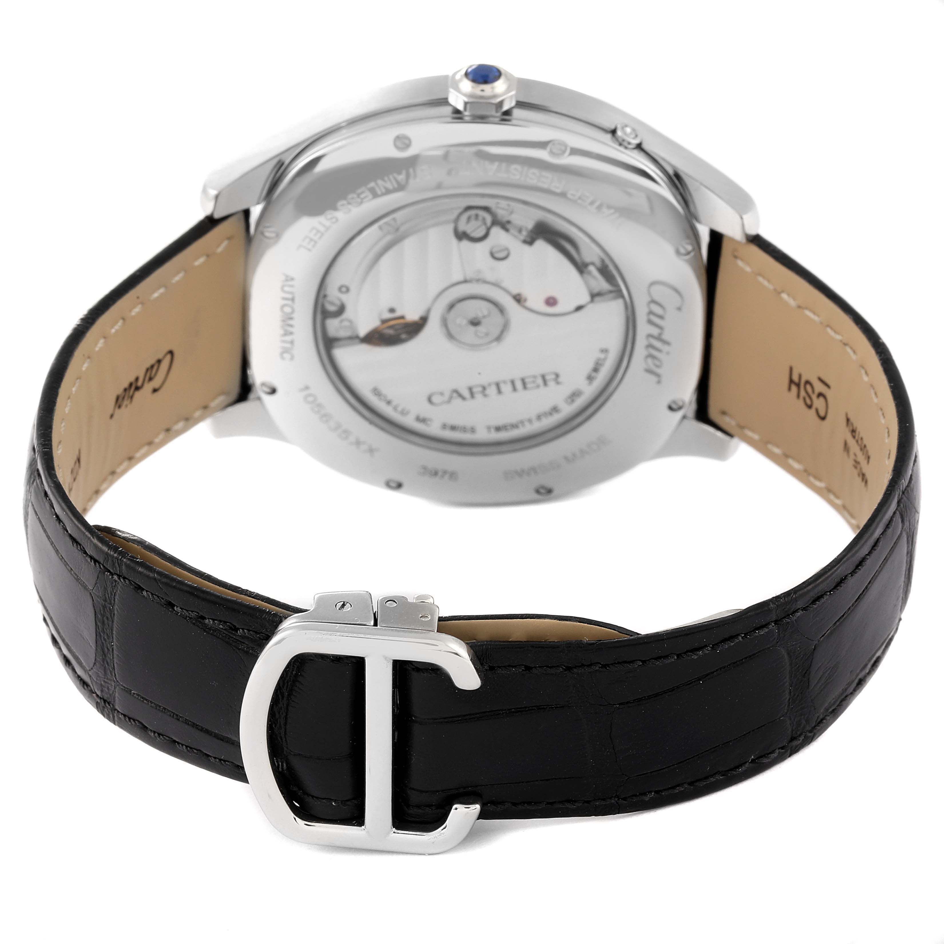 The image shows the back view and strap of a Drive de Cartier watch by Cartier.