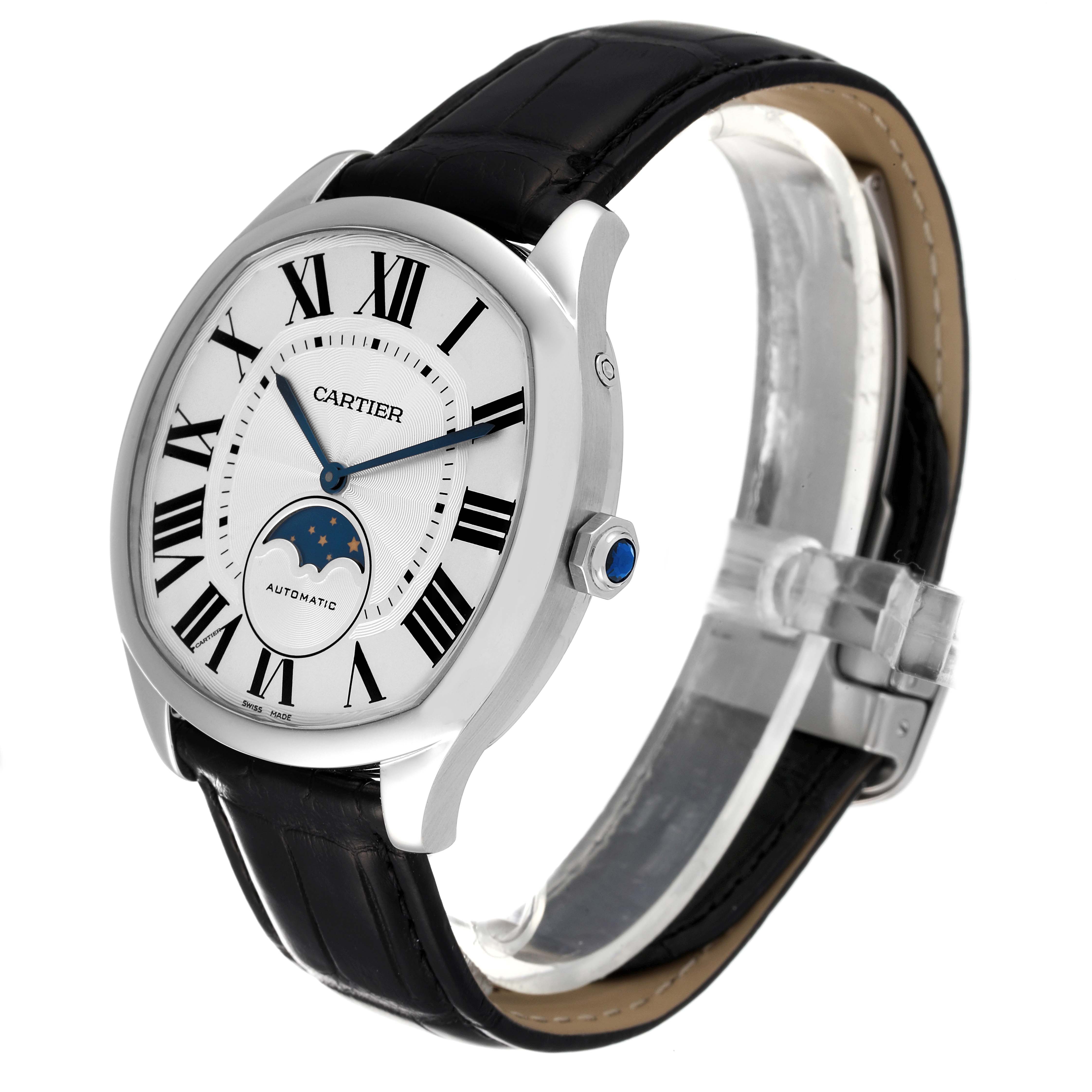 The Drive de Cartier watch by Cartier is shown at a three-quarter angle, highlighting its face, bezel, crown, and strap.