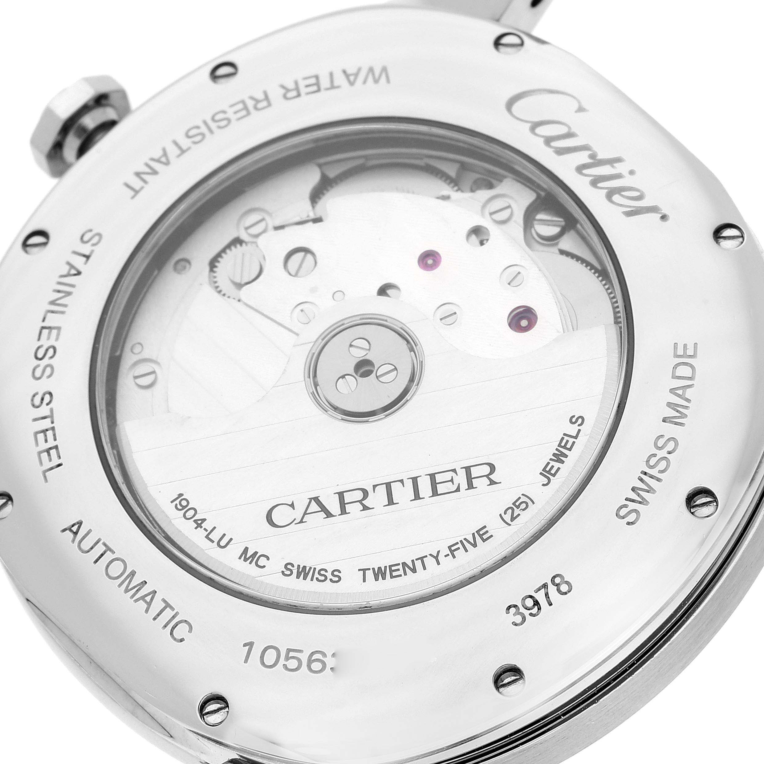 This image shows the back view of a Drive de Cartier watch by Cartier, highlighting its automatic movement and internal mechanisms.